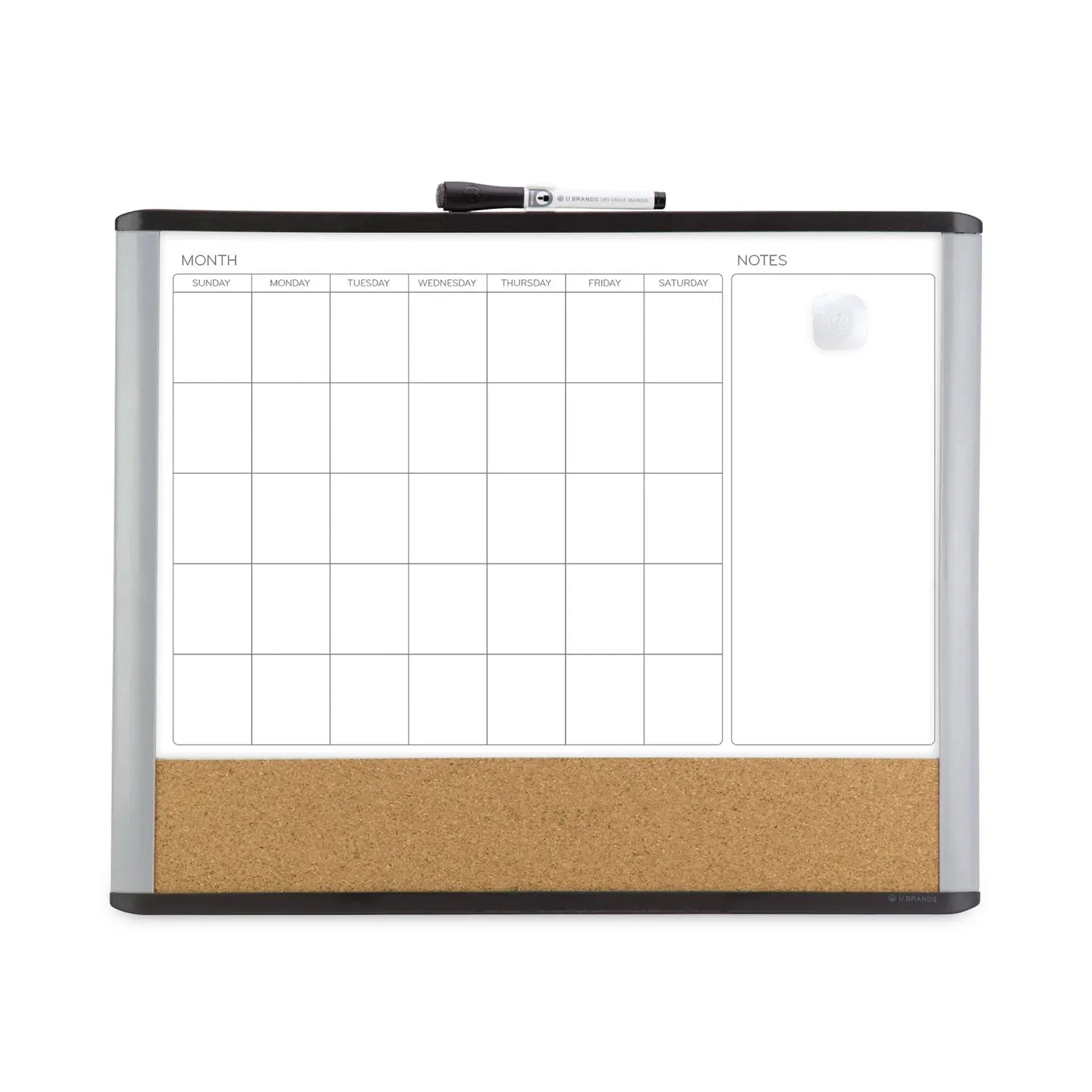 U Brands 3N1 Magnetic Mod Dry Erase Board, Monthly Planning/Scheduling Calendar, 20" x 16", White Surface, Gray/Black Plastic Frame