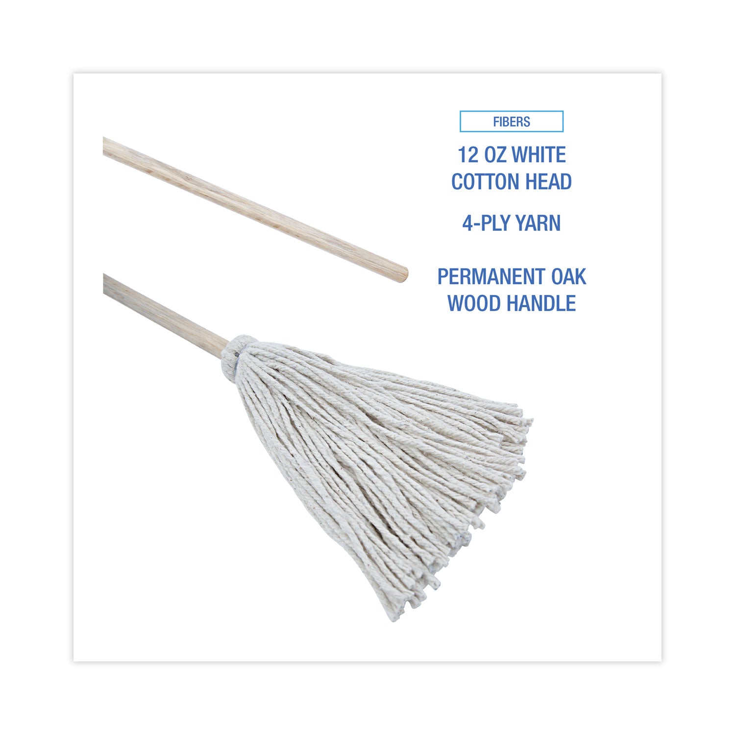 Boardwalk® Handle/Deck Mops, #12 White Cotton Head, 48" Natural Wood Handle, 6/Pack