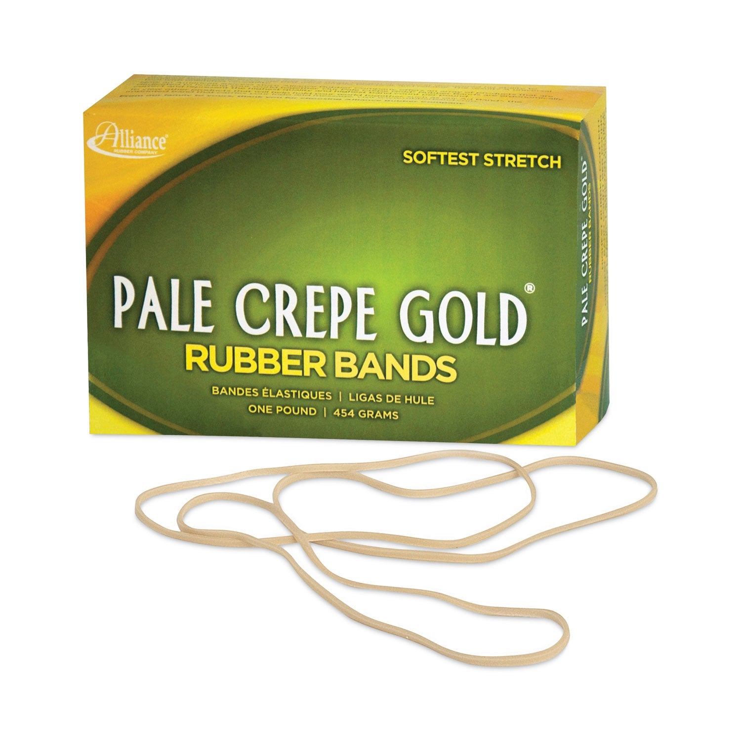 Alliance® Pale Crepe Gold Rubber Bands, Size 117B, 0.06" Gauge, Golden Crepe, 1 lb Box, 300/Box