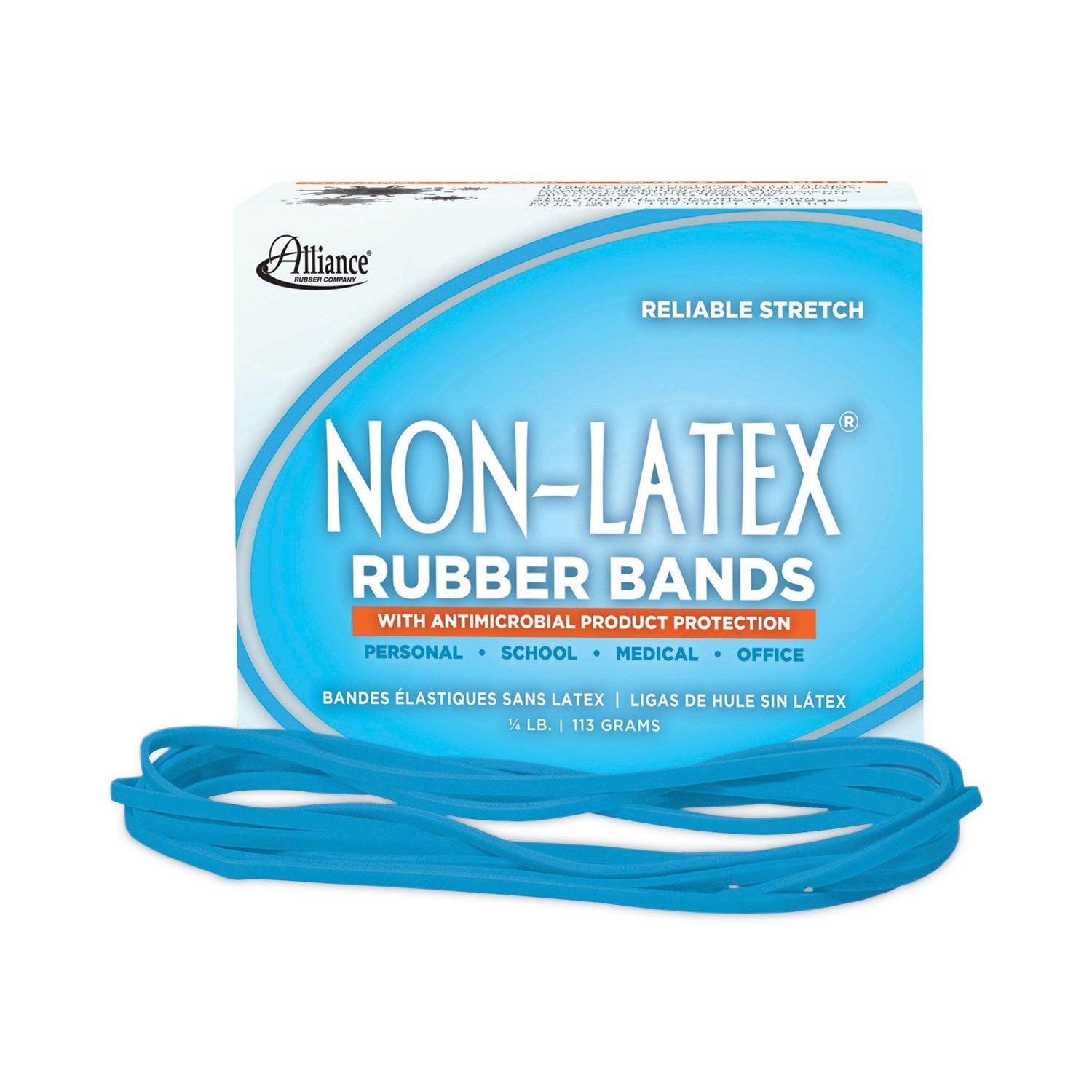 Alliance® Antimicrobial Non-Latex Rubber Bands, Size 117b, 0.06" Gauge, Cyan Blue, 4 Oz Box, 62/box