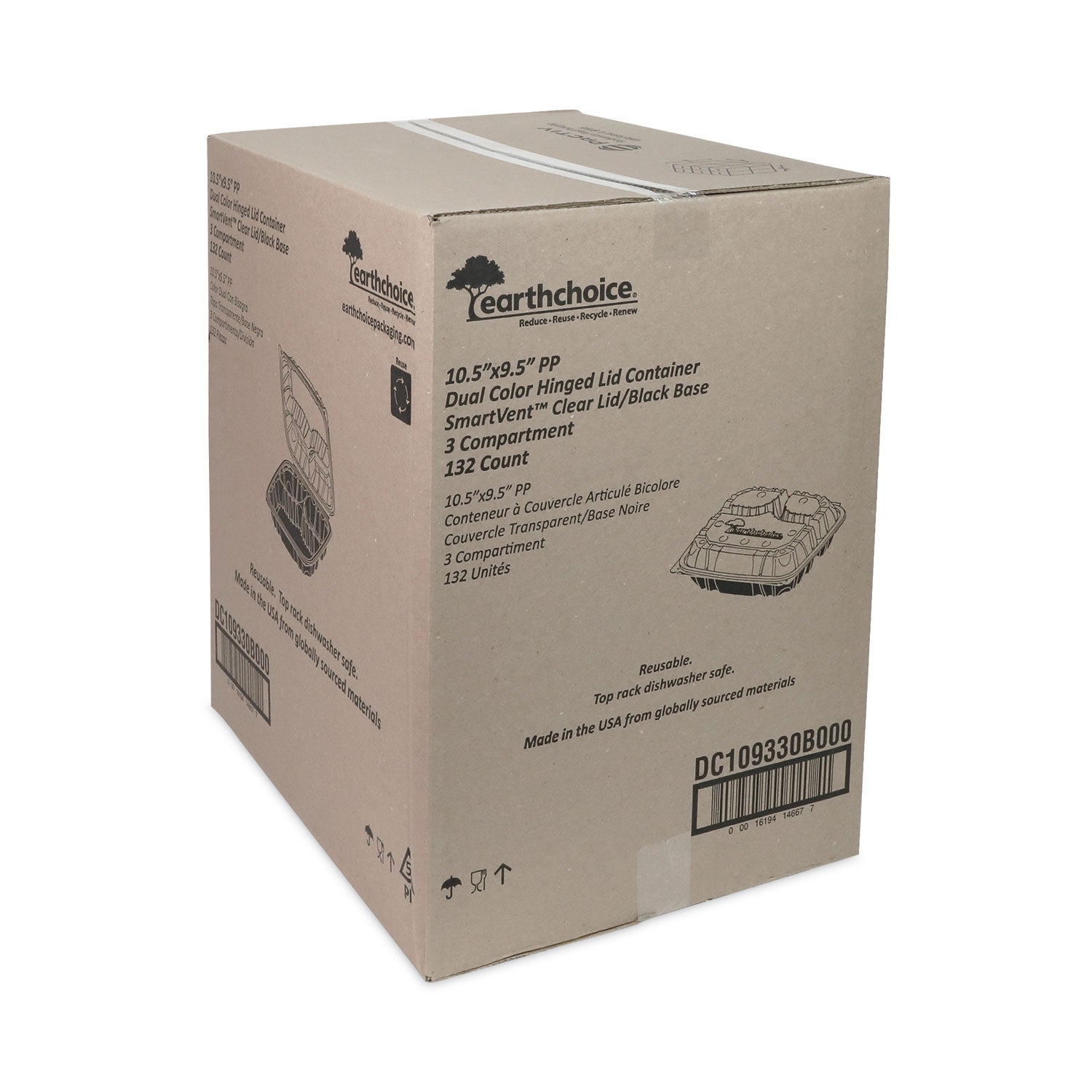 Pactiv Evergreen EarthChoice Vented Dual Color Microwavable Hinged Lid Container, 3-Compartment Base/Lid, 34 oz, Black/Clear, Plastic, 132/CT - Bloom Skins