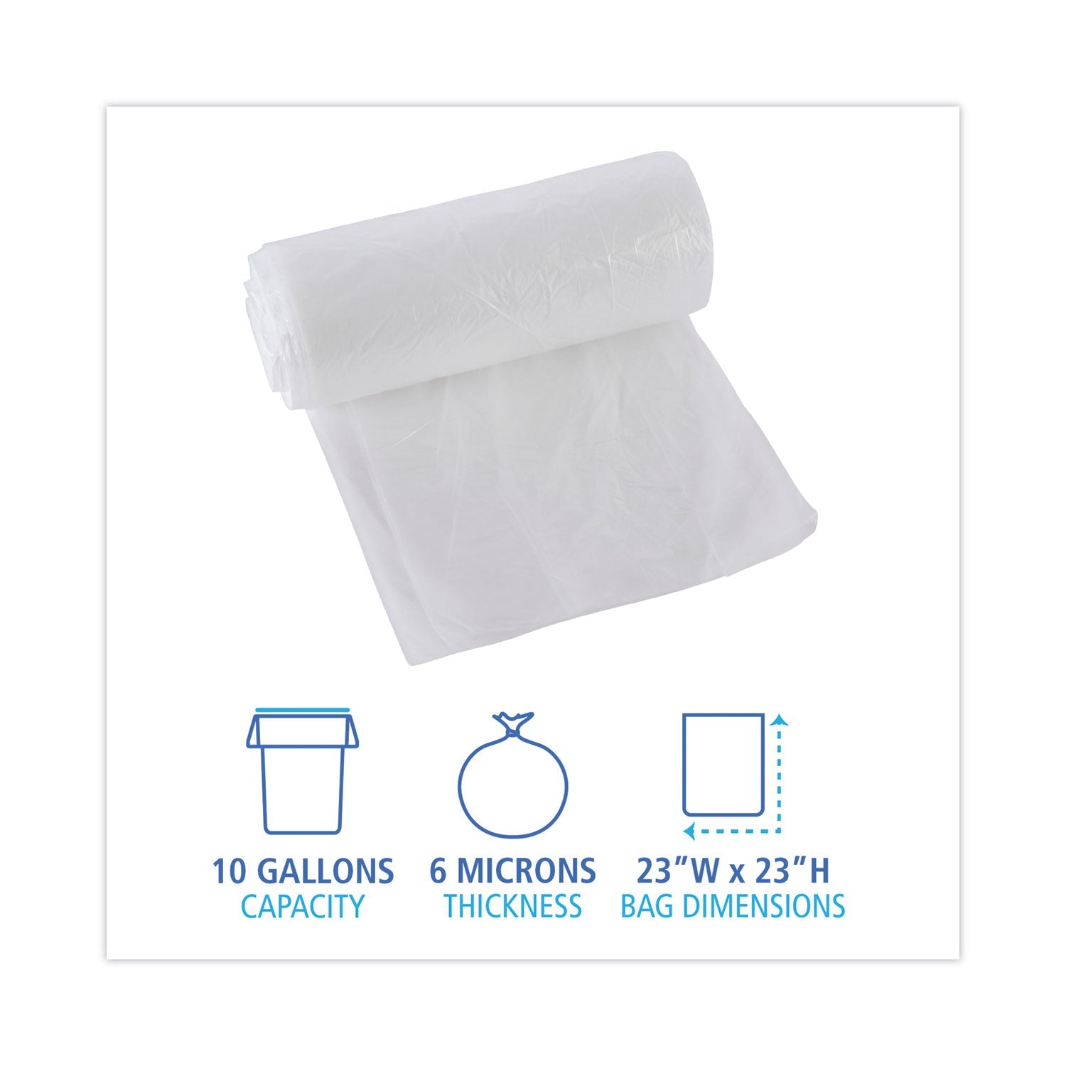Boardwalk® High-Density Can Liners, 10 gal, 6 mic, 24" x 23", Natural, Perforated Roll, 50 Bags/Roll, 20 Rolls/Carton