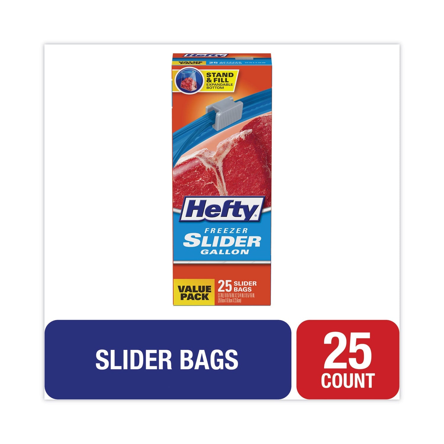 Hefty® Slider Stand and Fill Freezer Storage Bags, 1 gal, 10.56" x 11", Clear, 25 Bags/Box, 9 Boxes/Carton
