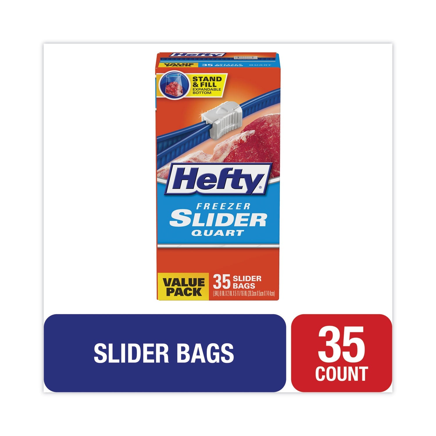 Hefty® Slider Stand and Fill Freezer Storage Bags, 32 oz, 7" x 8", Clear, 35/Box