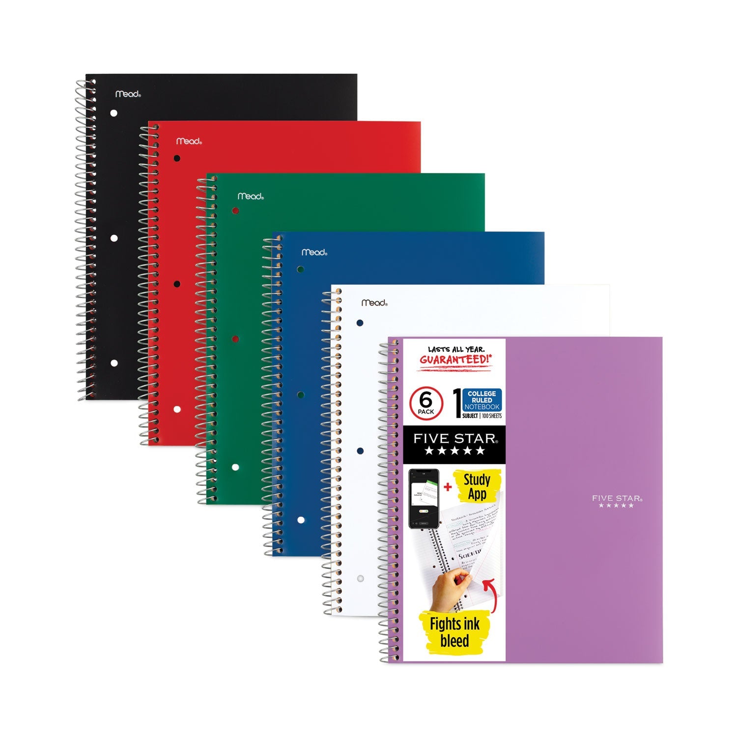 Five Star® Wirebound Notebook, 1-Subject, Medium/College Rule, Assorted Cover Colors, (100) 11 x 8.5 Sheets, 6/Pack