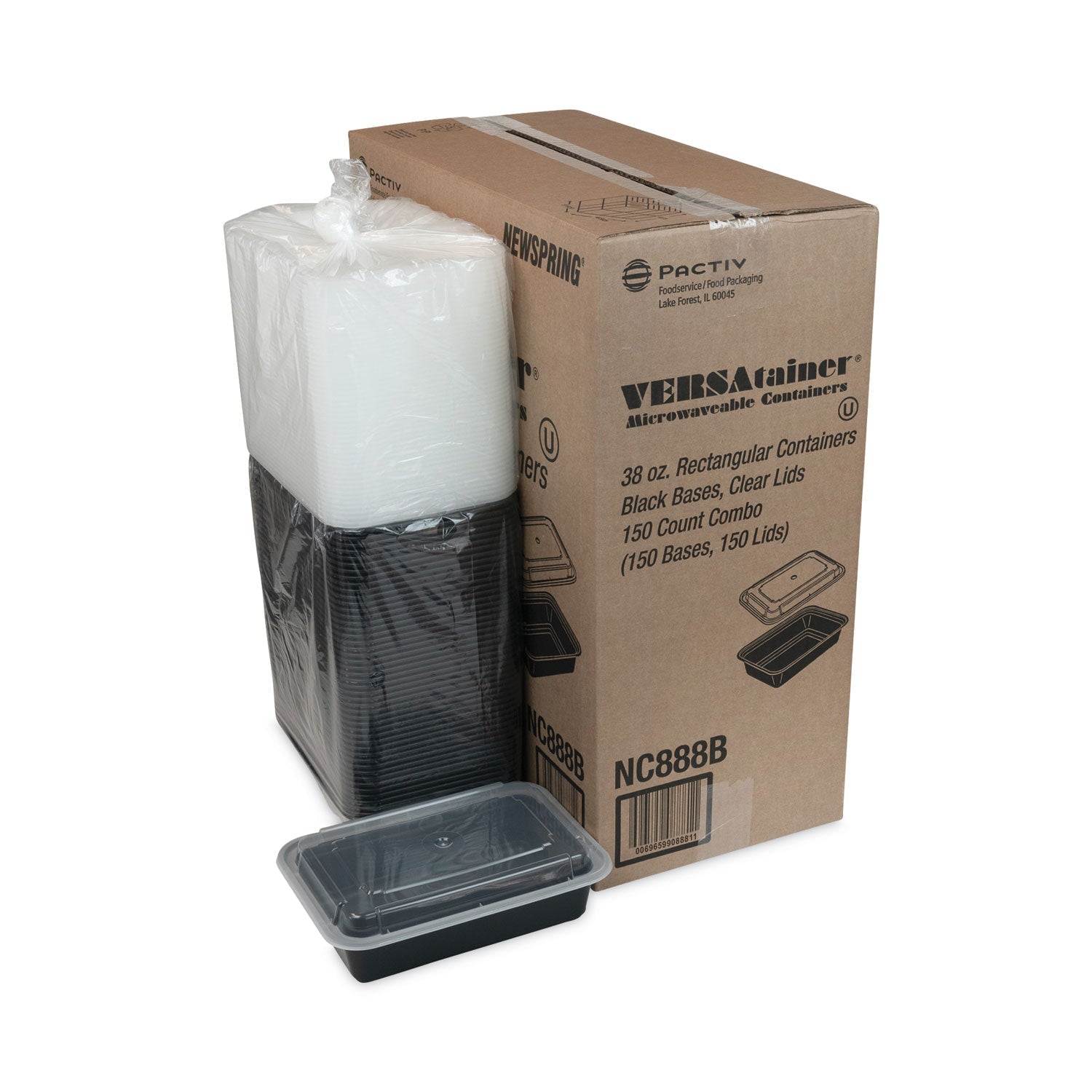 Pactiv Evergreen Newspring VERSAtainer Microwavable Containers, 38 oz, 8.8 x 6 x 2.5, Black/Clear, Plastic, 150/Carton