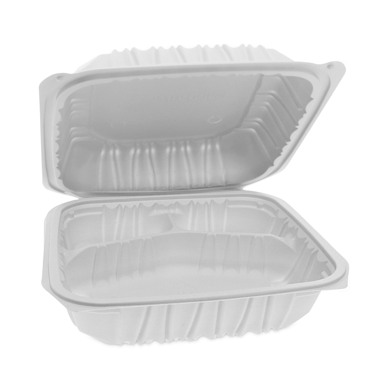 Pactiv Evergreen EarthChoice Vented Microwavable MFPP Hinged Lid Container, 3 Compartments, 8.5 x 8.5 x 3.1, White, Plastic, 146/Carton