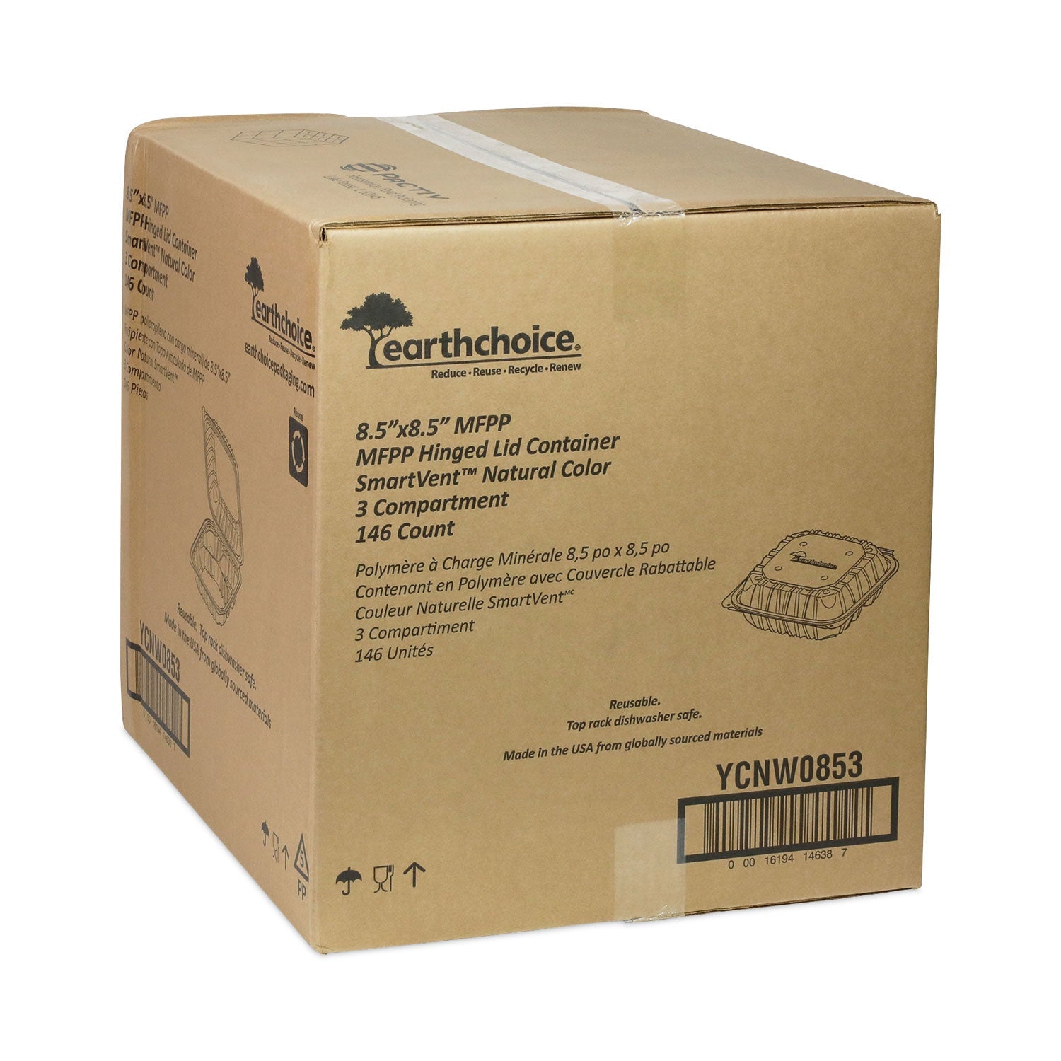 Pactiv Evergreen EarthChoice Vented Microwavable MFPP Hinged Lid Container, 3 Compartments, 8.5 x 8.5 x 3.1, White, Plastic, 146/Carton