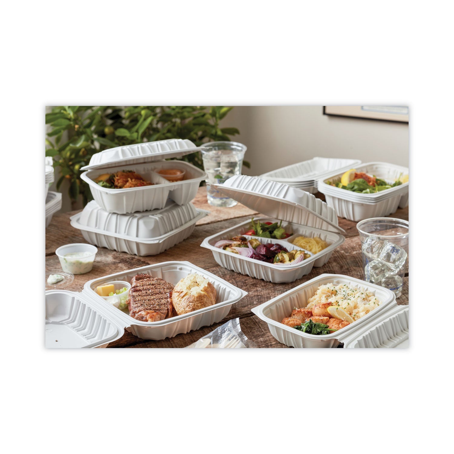 Pactiv Evergreen EarthChoice Vented Microwavable MFPP Hinged Lid Container, 3 Compartments, 8.5 x 8.5 x 3.1, White, Plastic, 146/Carton