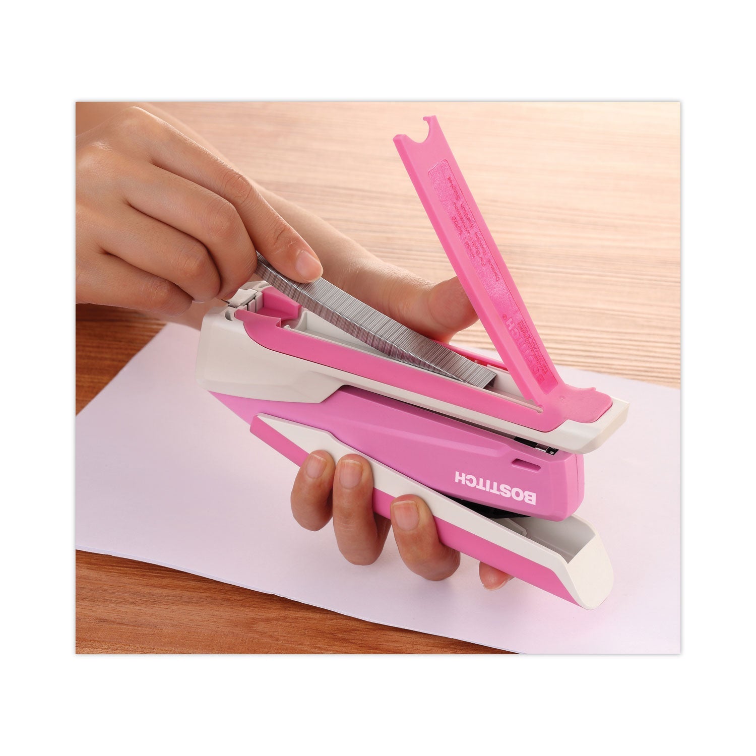 Bostitch® InCourage Spring-Powered Desktop Stapler with Antimicrobial Protection, Breast Cancer Awareness, 20-Sheet Capacity, Pink/Gray