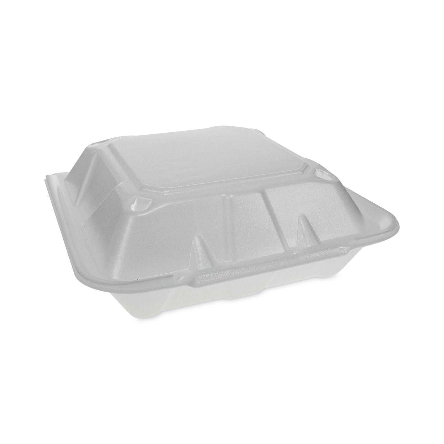 Pactiv Evergreen Vented Foam Hinged Lid Container, Dual Tab Lock Economy, 3 Compartments, 9.13 x 9 x 3.25, White, 150/Carton