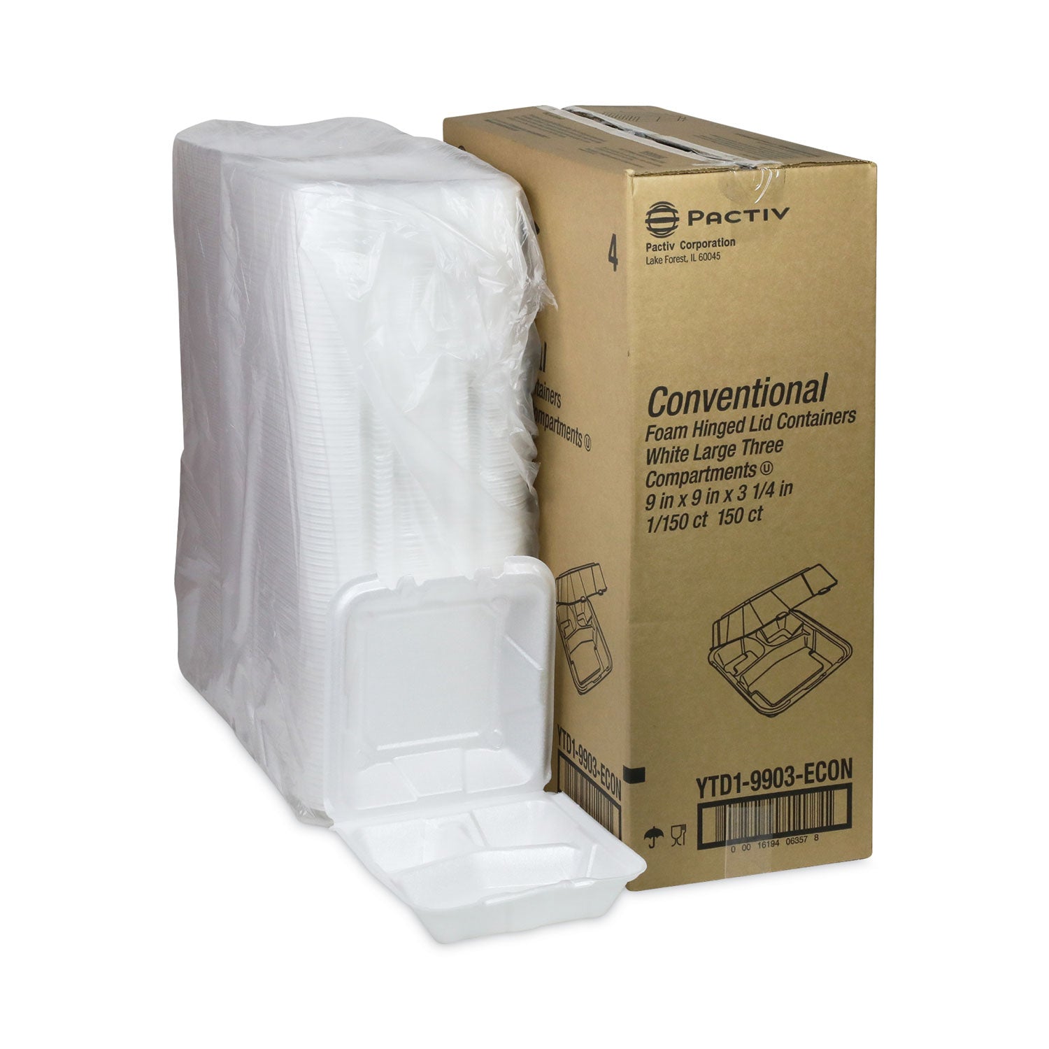 Pactiv Evergreen Vented Foam Hinged Lid Container, Dual Tab Lock Economy, 3 Compartments, 9.13 x 9 x 3.25, White, 150/Carton