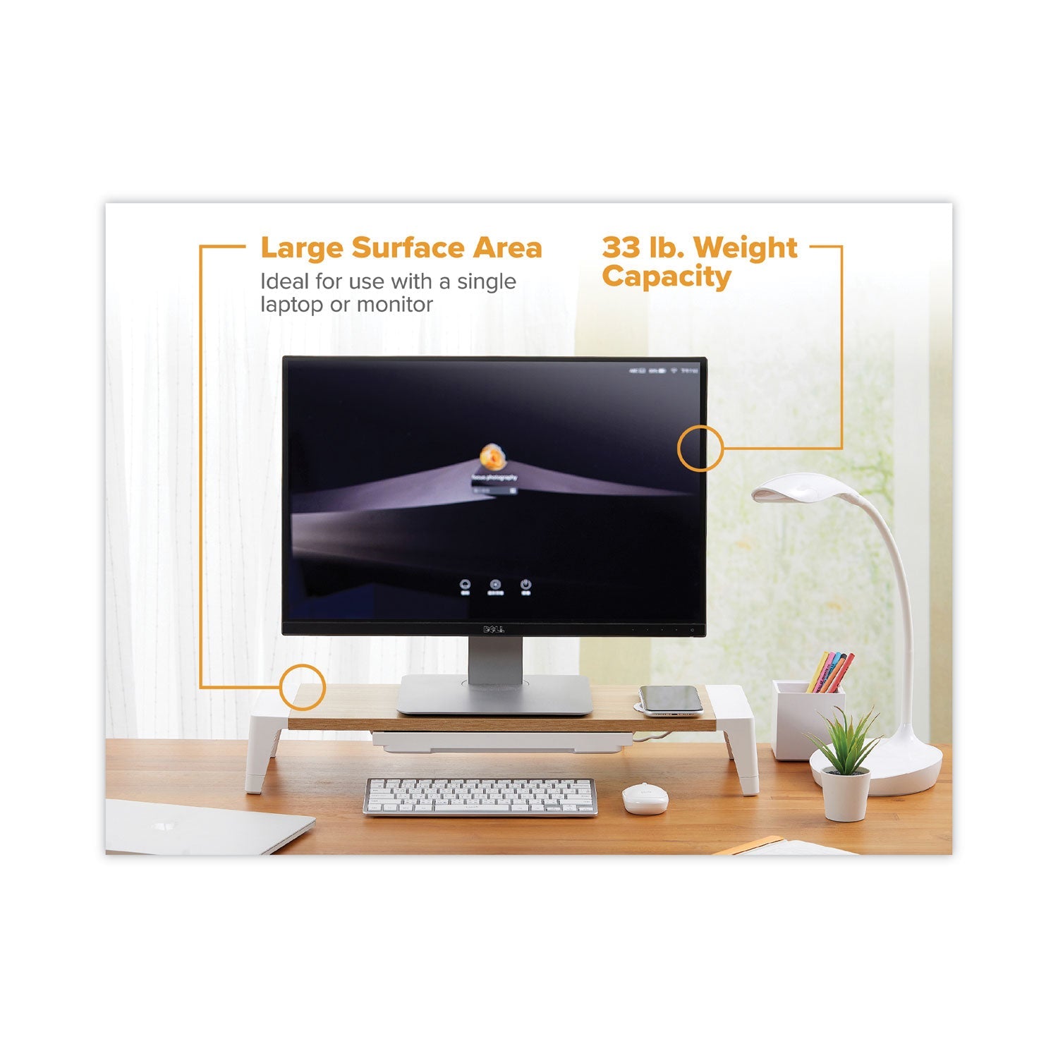 Bostitch® Wooden Monitor Stand with Wireless Charging Pad, 9.8" x 26.77" x 4.13", White - Bloom Skins