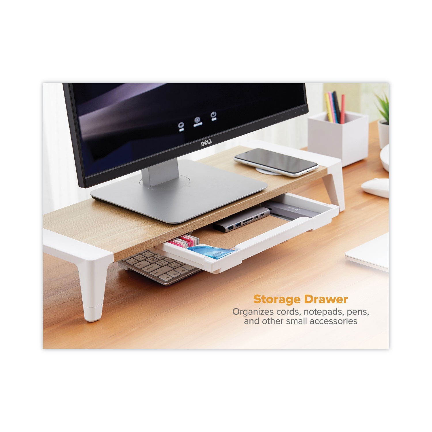 Bostitch® Wooden Monitor Stand with Wireless Charging Pad, 9.8" x 26.77" x 4.13", White - Bloom Skins