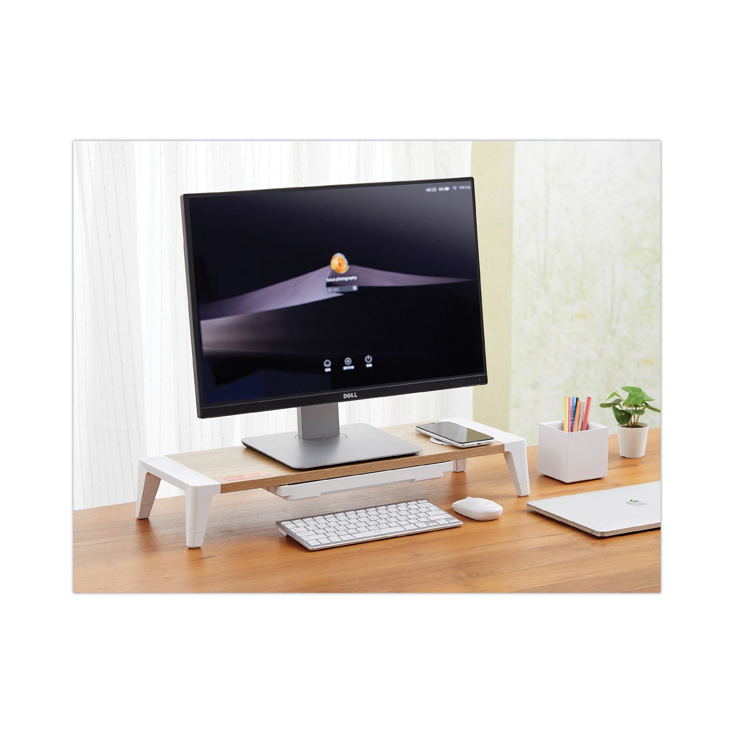 Bostitch® Wooden Monitor Stand with Wireless Charging Pad, 9.8" x 26.77" x 4.13", White - Bloom Skins