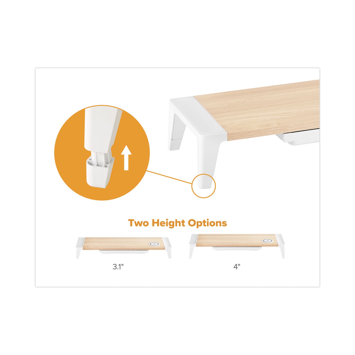 Bostitch® Wooden Monitor Stand with Wireless Charging Pad, 9.8" x 26.77" x 4.13", White - Bloom Skins