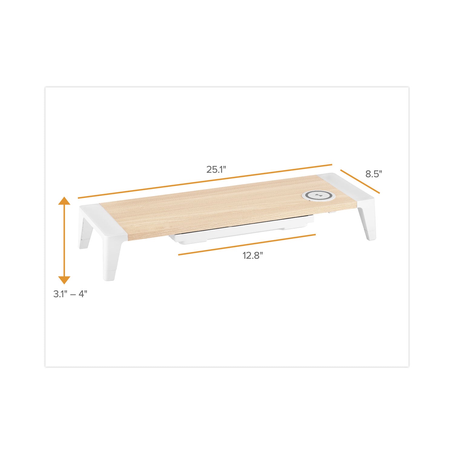 Bostitch® Wooden Monitor Stand with Wireless Charging Pad, 9.8" x 26.77" x 4.13", White - Bloom Skins