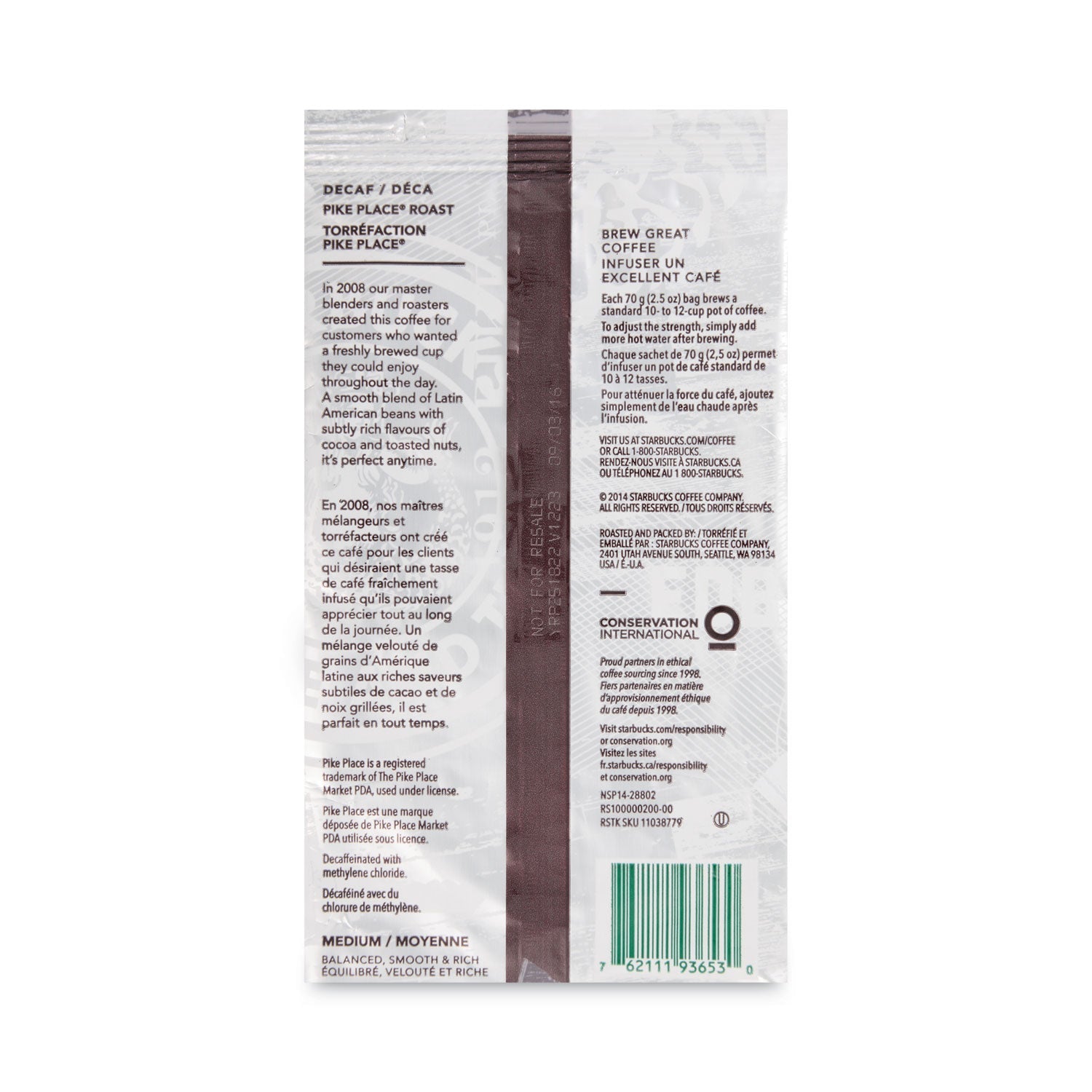 Starbucks® Coffee, Pike Place Decaf, 2 1/2 Oz Packet, 18/box