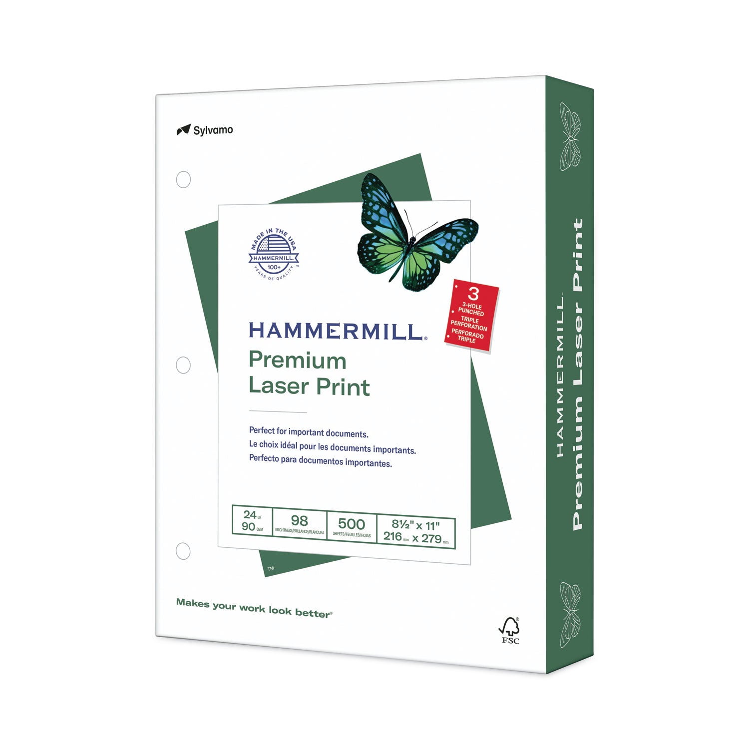 Hammermill® Premium Laser Print Paper, 98 Bright, 3-Hole, 24 lb Bond Weight, 8.5 x 11, White, 500/Ream