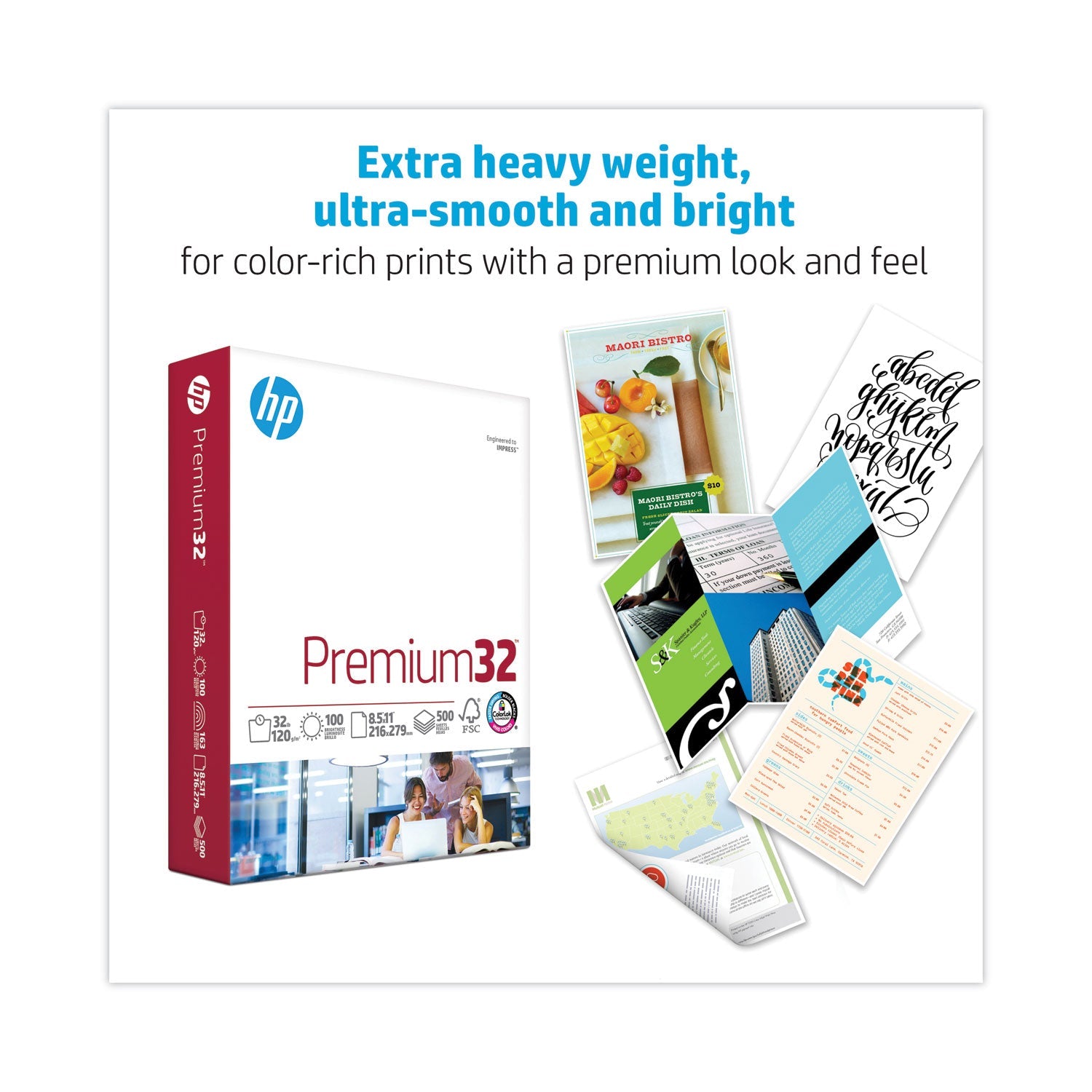HP Papers Premium32, 100 Bright, 32 lb Bond Weight, 8.5 x 11, Ultra White, 500/Ream