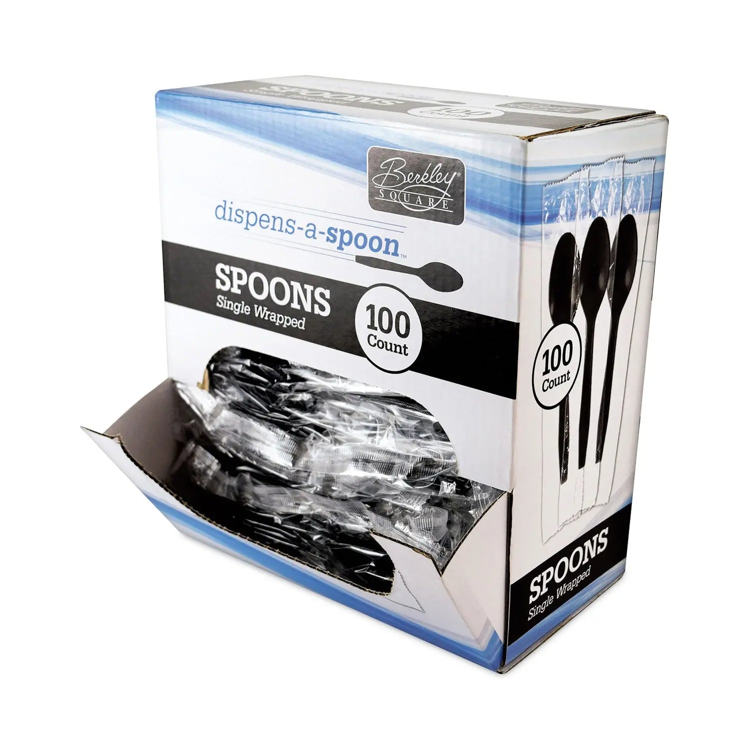 Berkley Square Dispens-a Spoon, Individually Wrapped, Mediumweight Spoon, Plastic, Black, 100/Box