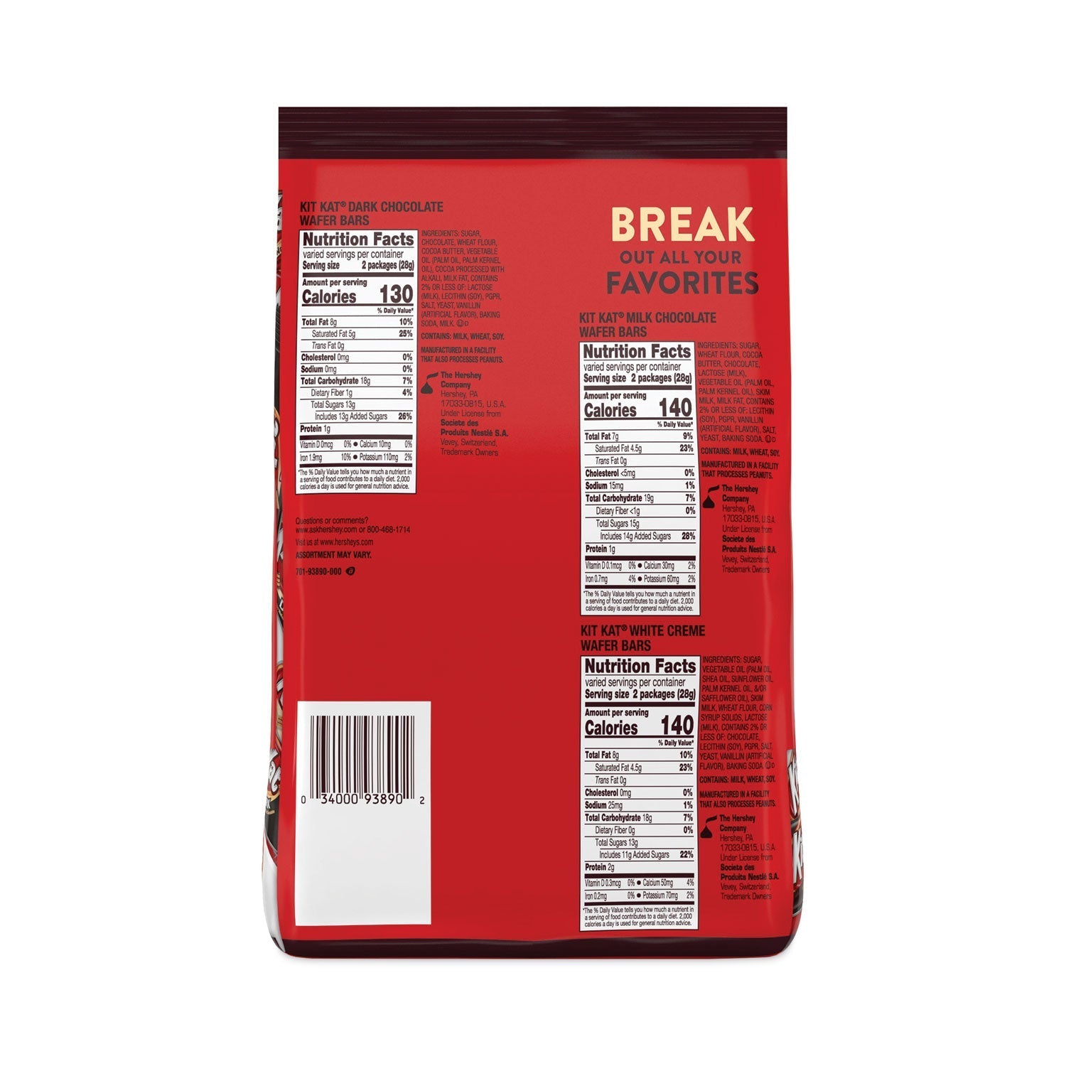 Kit Kat® Assorted Snack Size Candy Bars Party Bag, Assorted Flavors, 31 oz Bag