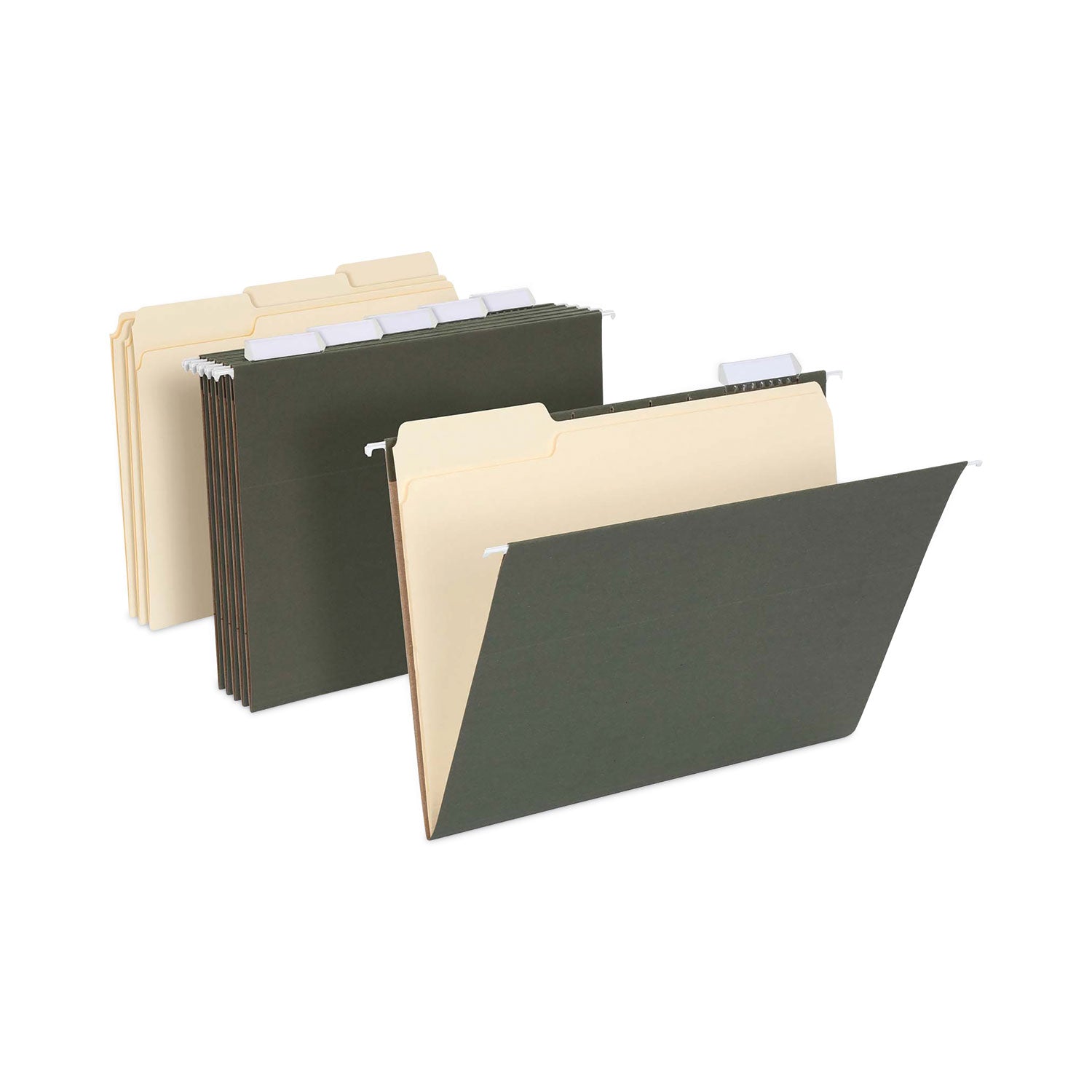 Pendaflex® Hanging File Folder Combo Kit, Letter Size, (25) 1/5-Cut Standard Green Hanging Folders, (50) 1/3-Cut Manila File Folders