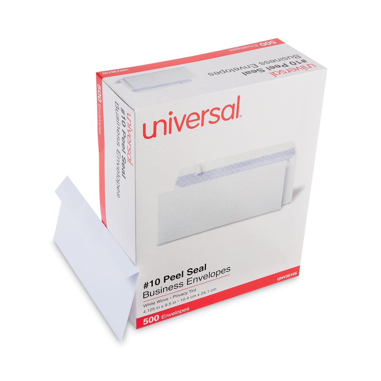 Universal® Peel Seal Strip Security Tint Business Envelope, #10, Square Flap, Self-Adhesive Closure, 4.25 x 9.63, White, 500/Box
