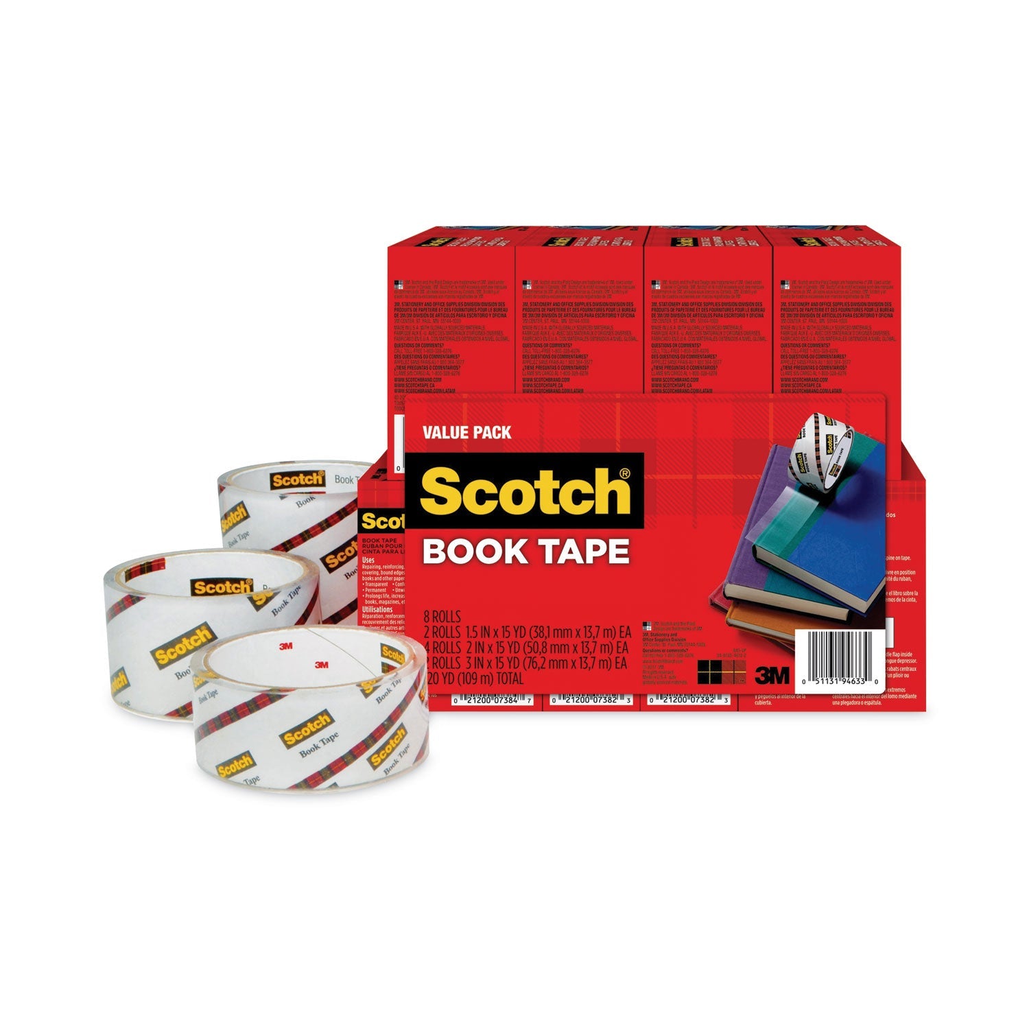 Scotch® Book Tape Value Pack, 3" Core, (2) 1.5" X 15 Yds, (4) 2" X 15 Yds, (2) 3" X 15 Yds, Clear, 8/pack