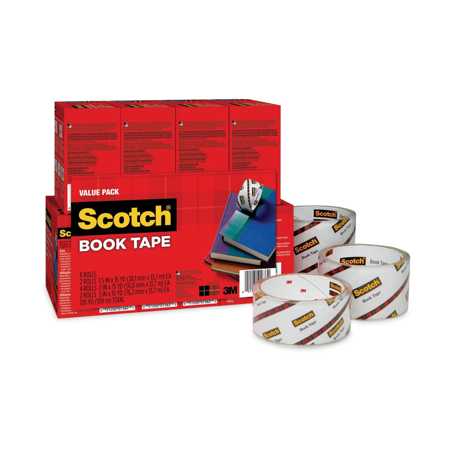 Scotch® Book Tape Value Pack, 3" Core, (2) 1.5" X 15 Yds, (4) 2" X 15 Yds, (2) 3" X 15 Yds, Clear, 8/pack