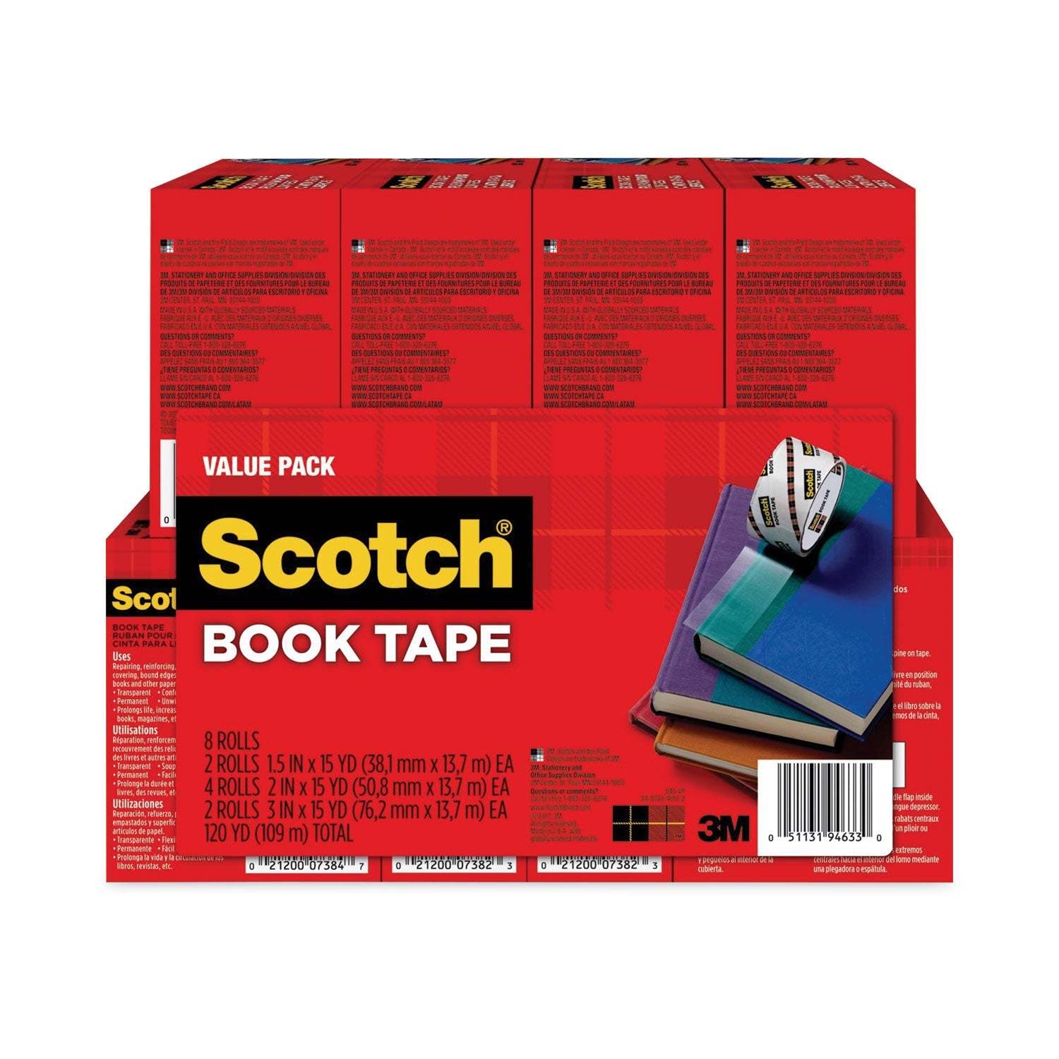 Scotch® Book Tape Value Pack, 3" Core, (2) 1.5" X 15 Yds, (4) 2" X 15 Yds, (2) 3" X 15 Yds, Clear, 8/pack