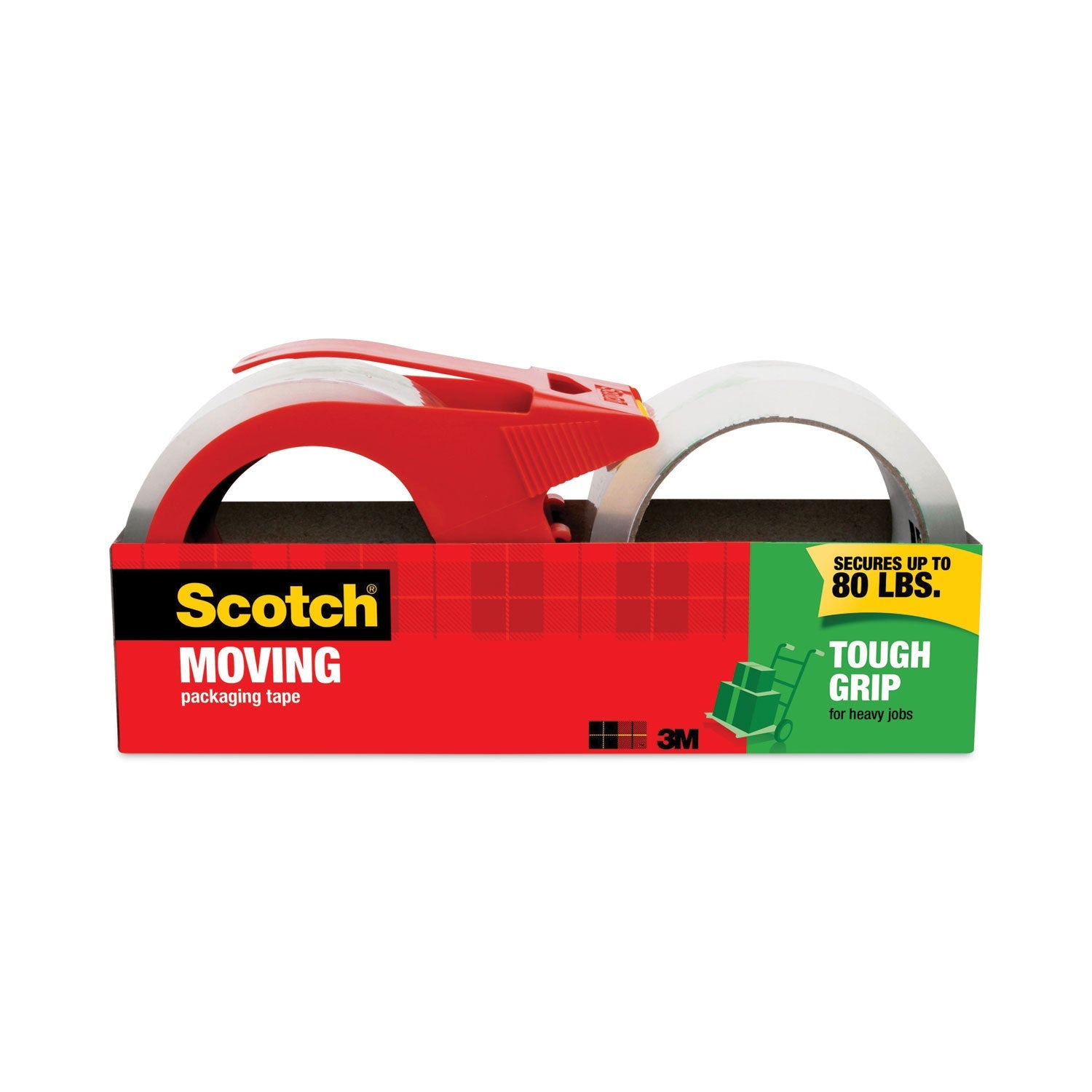 Scotch® Tough Grip Moving Packaging Tape With Dispenser, 3" Core, 1.88" X 38.2 Yds, Clear, 2/pack