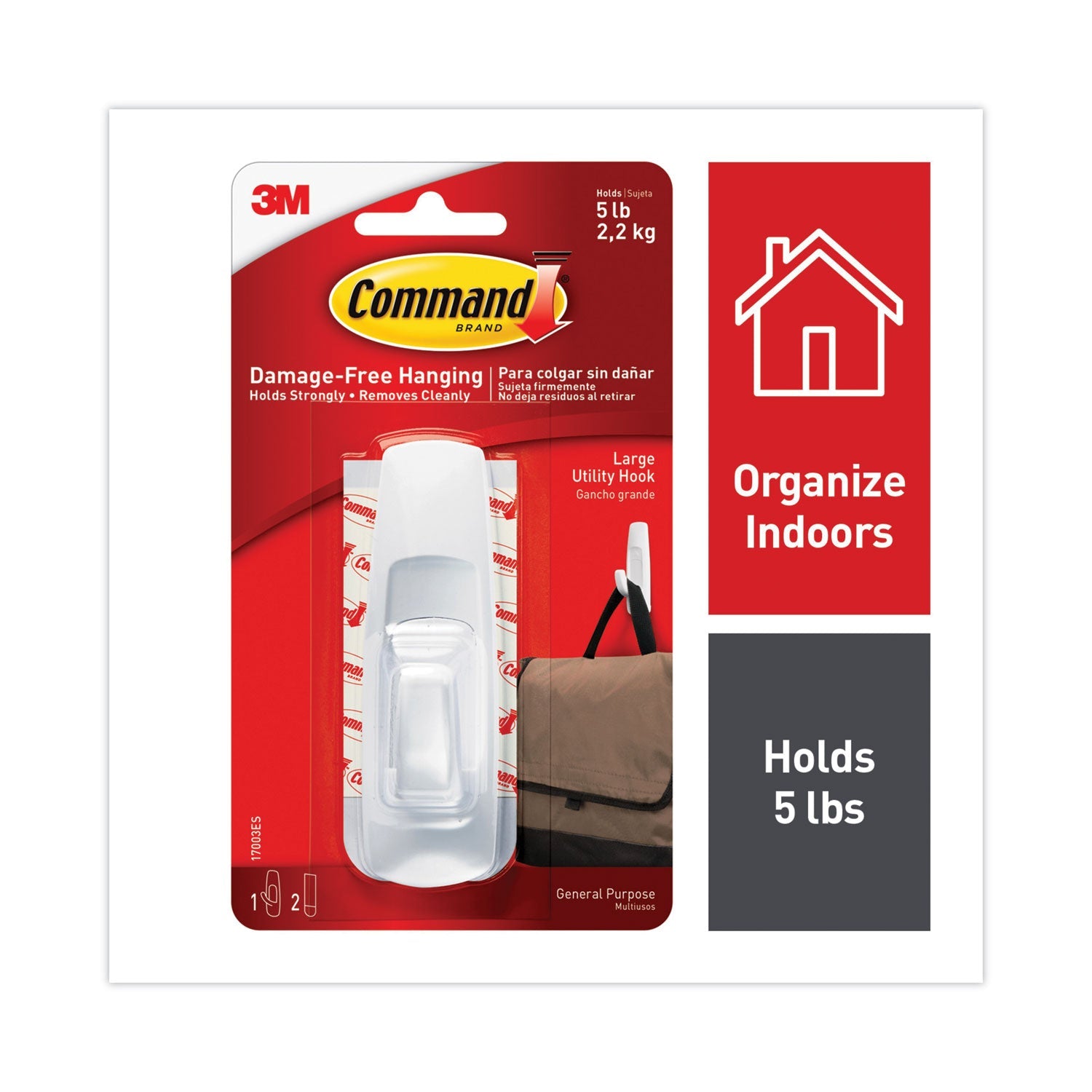Command™ General Purpose Hooks, Large, Plastic, White, 5 lb Capacity, 1 Hook and 2 Strips/Pack