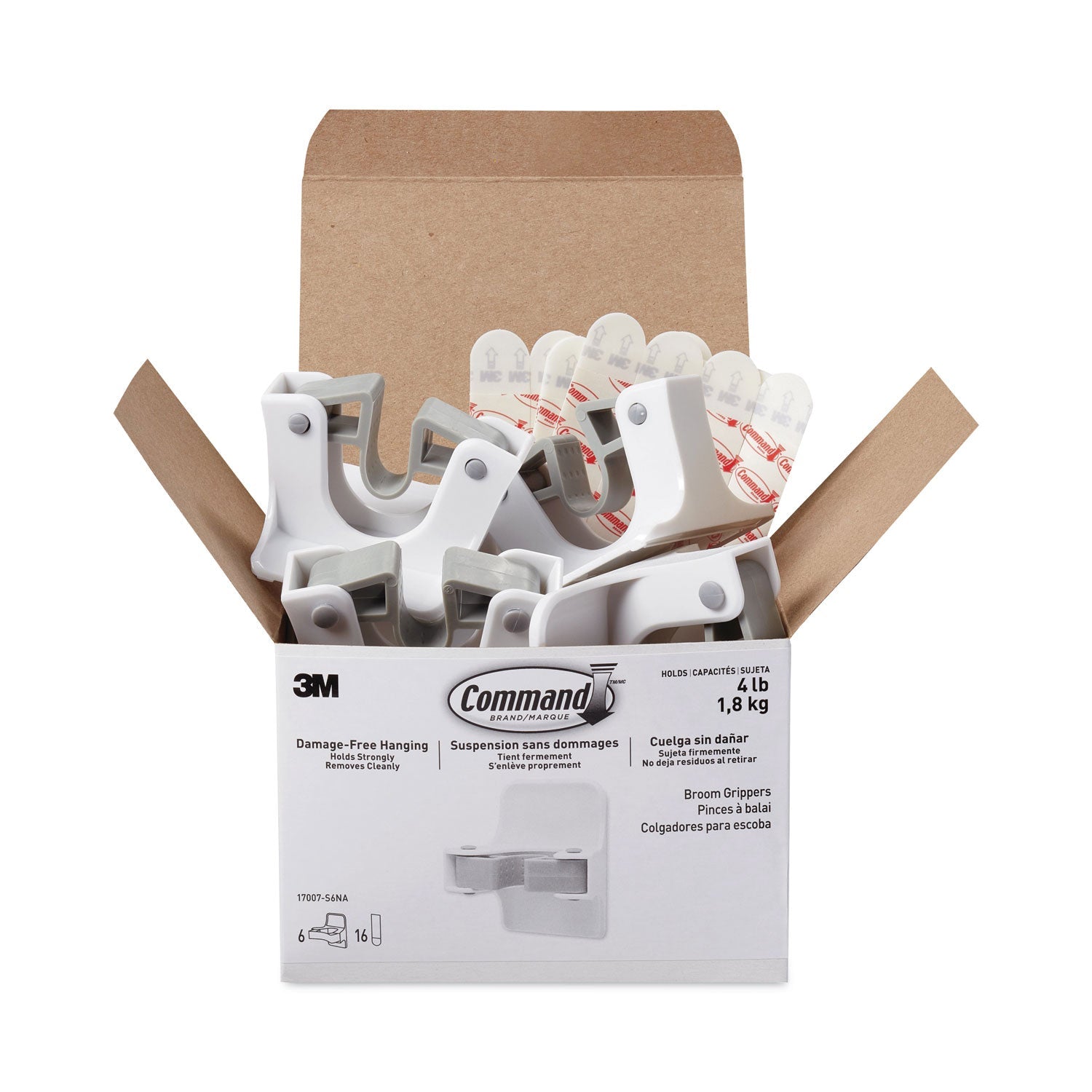 Command™ Broom Gripper, 3.12w x 1.85d x 3.34h, White/Gray, 6 Grippers/16 Strips/Pack