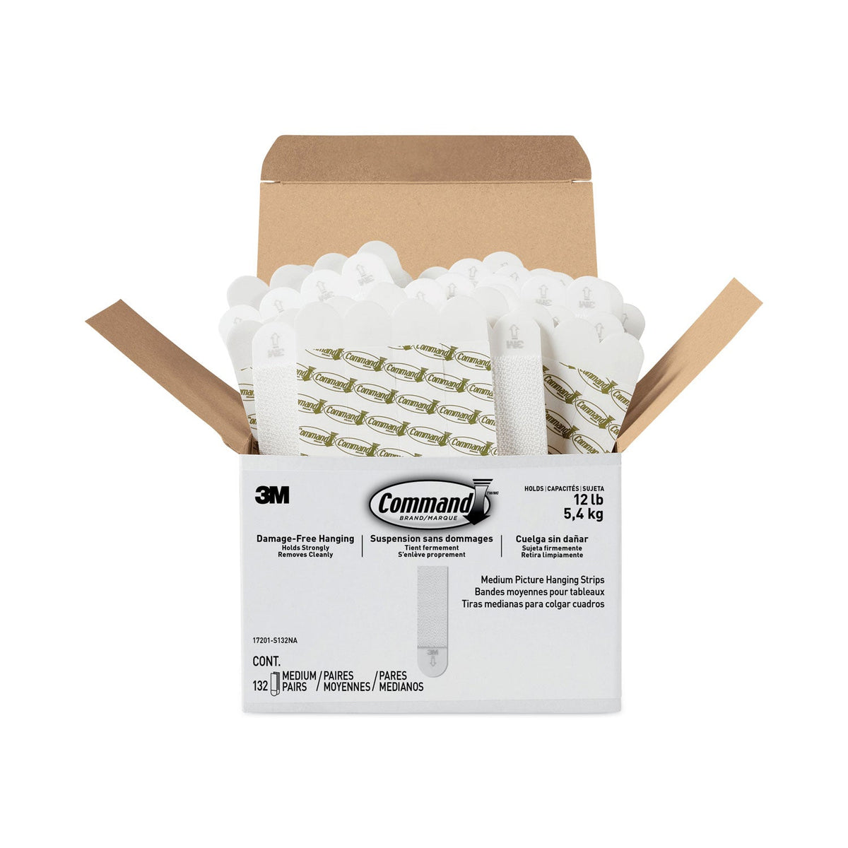 Command™ Picture Hanging Strips, Value Pack, Medium, Removable, Holds Up To 12 Lbs, 0.75 X 2.75, White, 132 Pairs/pack