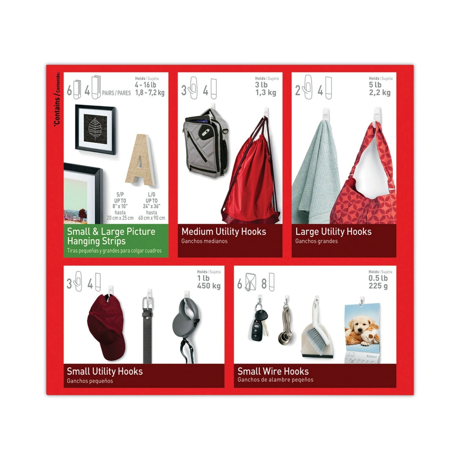 Command™ General Purpose Hooks, Variety Pack, Assorted Sizes, Plastic, White, 0.5, 1, 3, 5, 16 lb Capacities, 54 Pieces/Pack