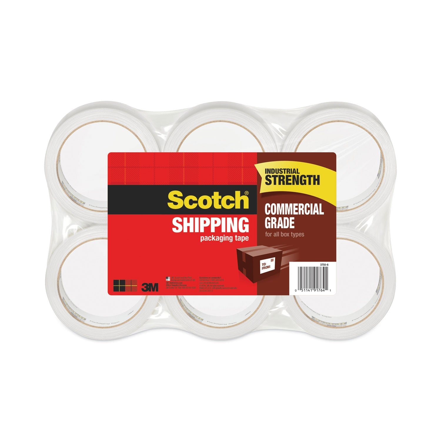Scotch® 3750 Commercial Grade Packaging Tape, 3" Core, 1.88" X 54.6 Yds, Clear, 6/pack