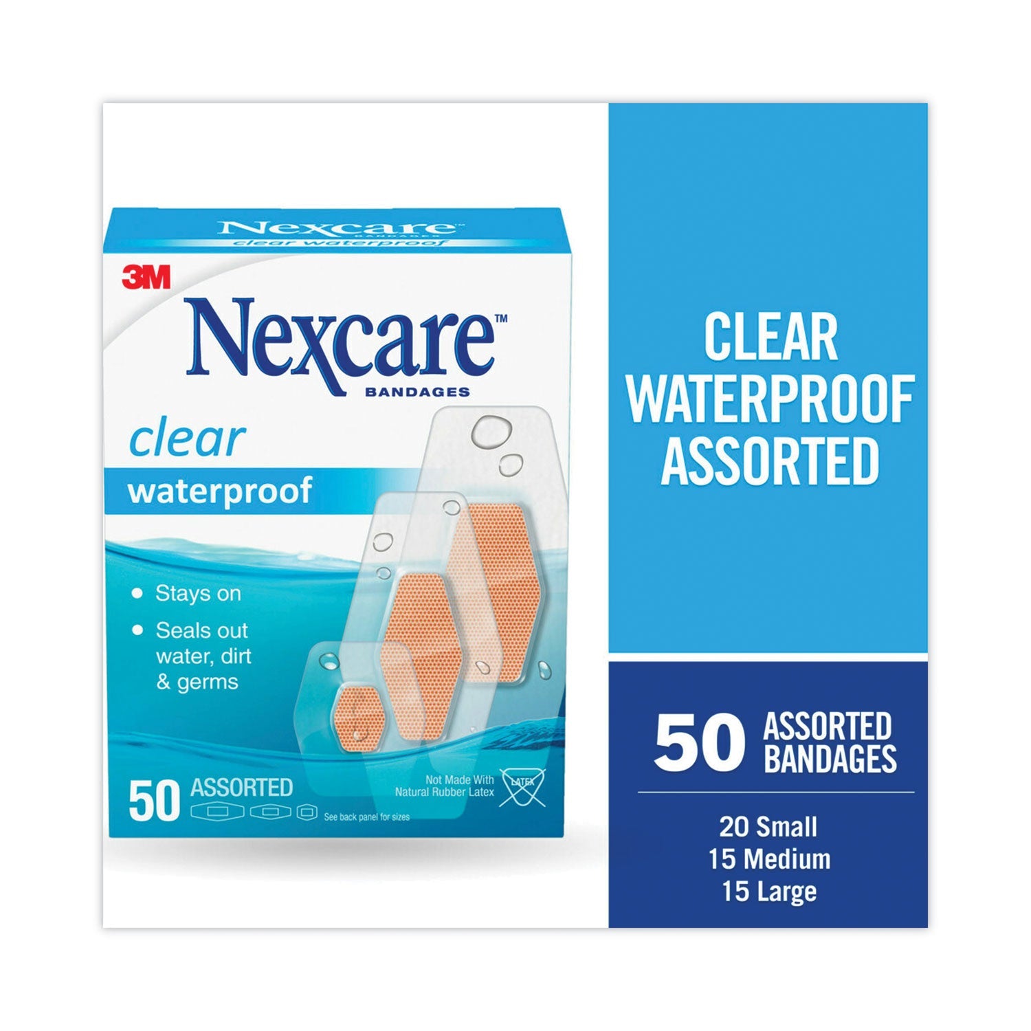 3M Nexcare™ Waterproof, Clear Bandages, Assorted Sizes, 50/box