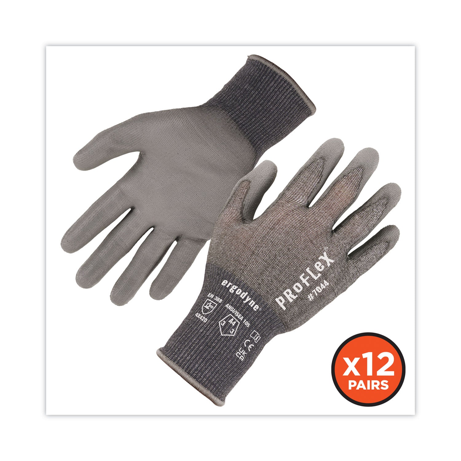 ergodyne® ProFlex 7044 ANSI A4 PU Coated CR Gloves, Gray, Medium, 12 Pairs/Pack