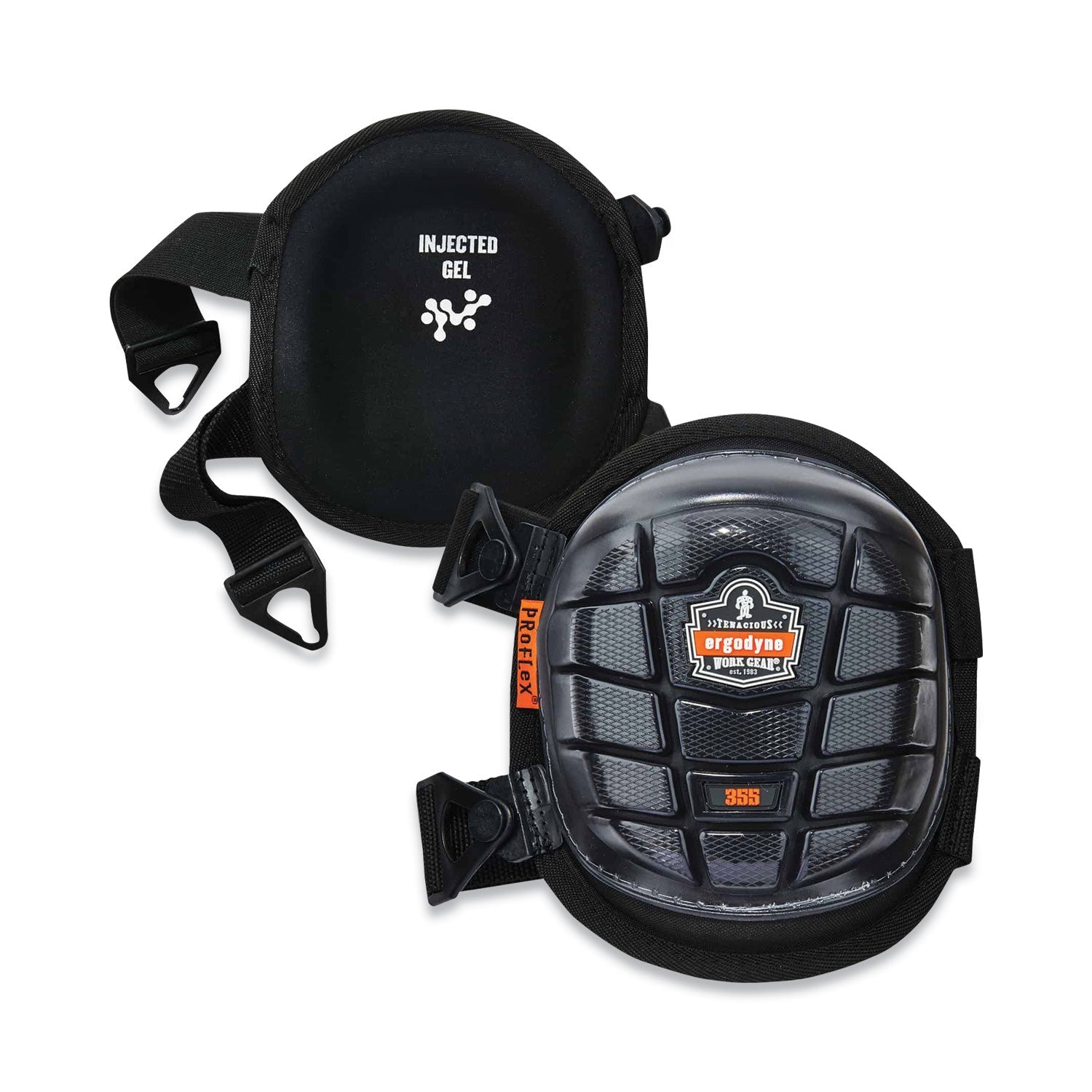 ergodyne® ProFlex 355 Injected Gel Knee Pads, Short Cap, Buckle Closure, One Size Fits Most, Black, Pair