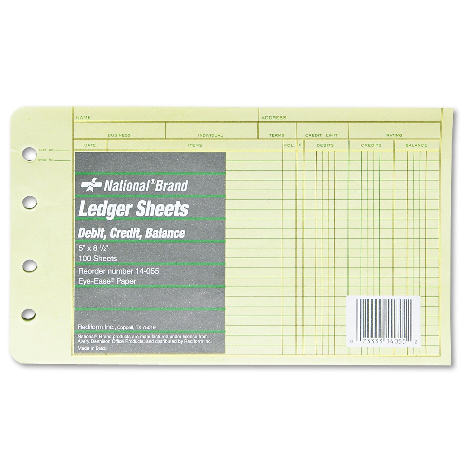 National® Four-Ring Binder Refill Sheets, 5 X 8.5, Green, 100/pack