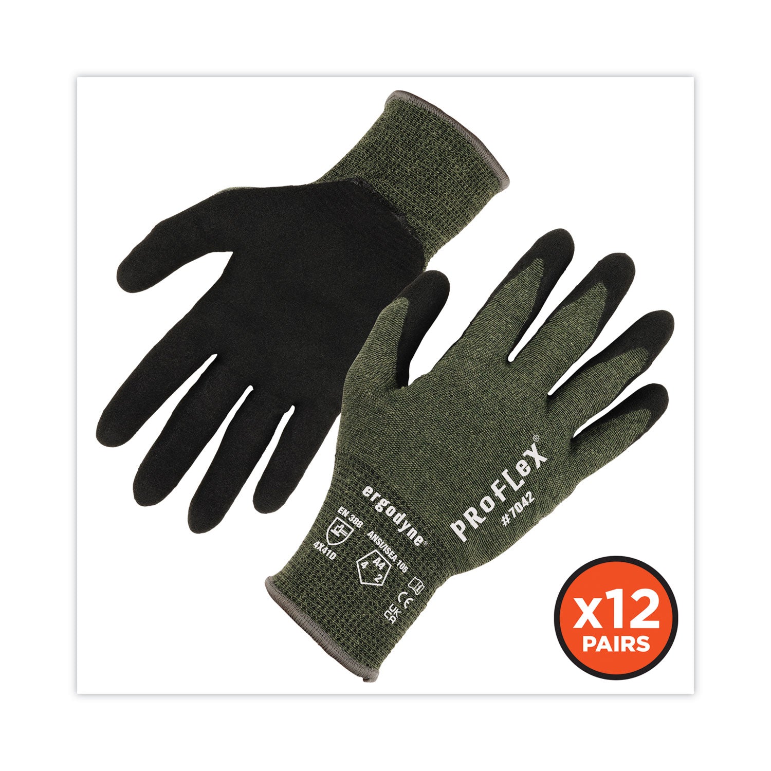 ergodyne® ProFlex 7042 ANSI A4 Nitrile-Coated CR Gloves, Green, Small, 12 Pairs/Pack