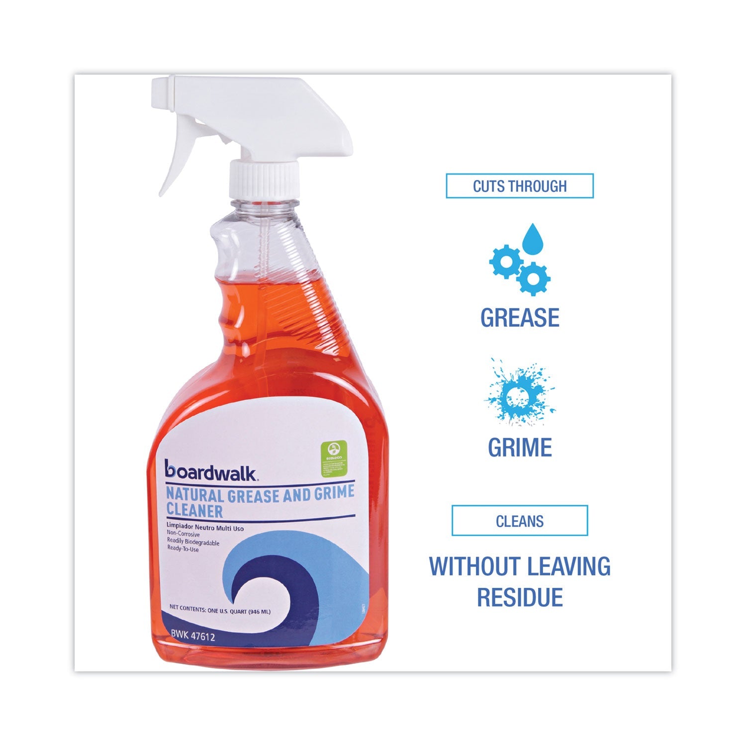 Boardwalk® Natural Grease and Grime Cleaner, Unscented, 32 oz Spray Bottle