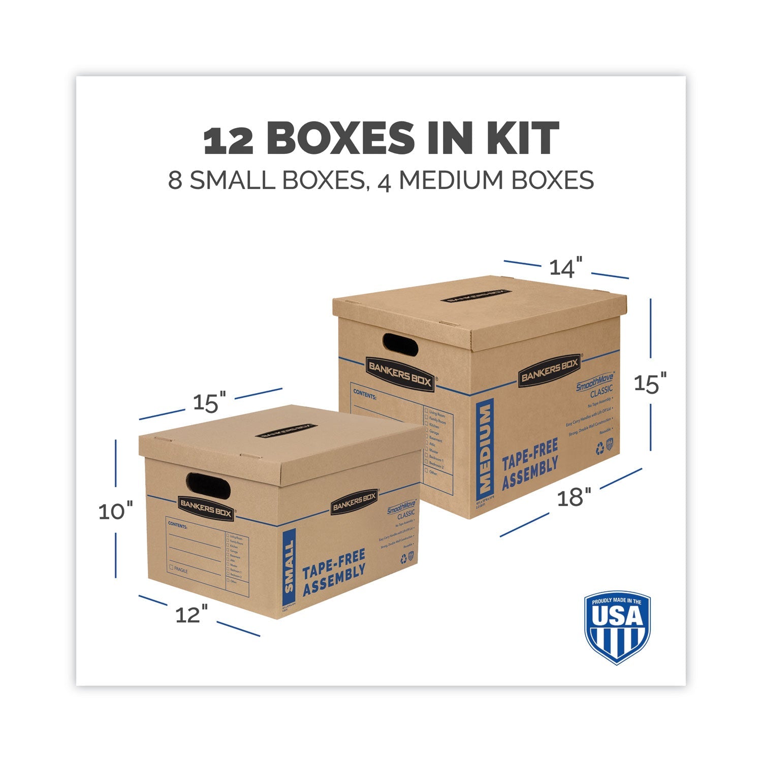 Bankers Box® SmoothMove Classic Moving/Storage Box Kit, Half Slotted Container (HSC), Assorted Sizes: (8) Small, (4) Med, Brown/Blue,12/CT