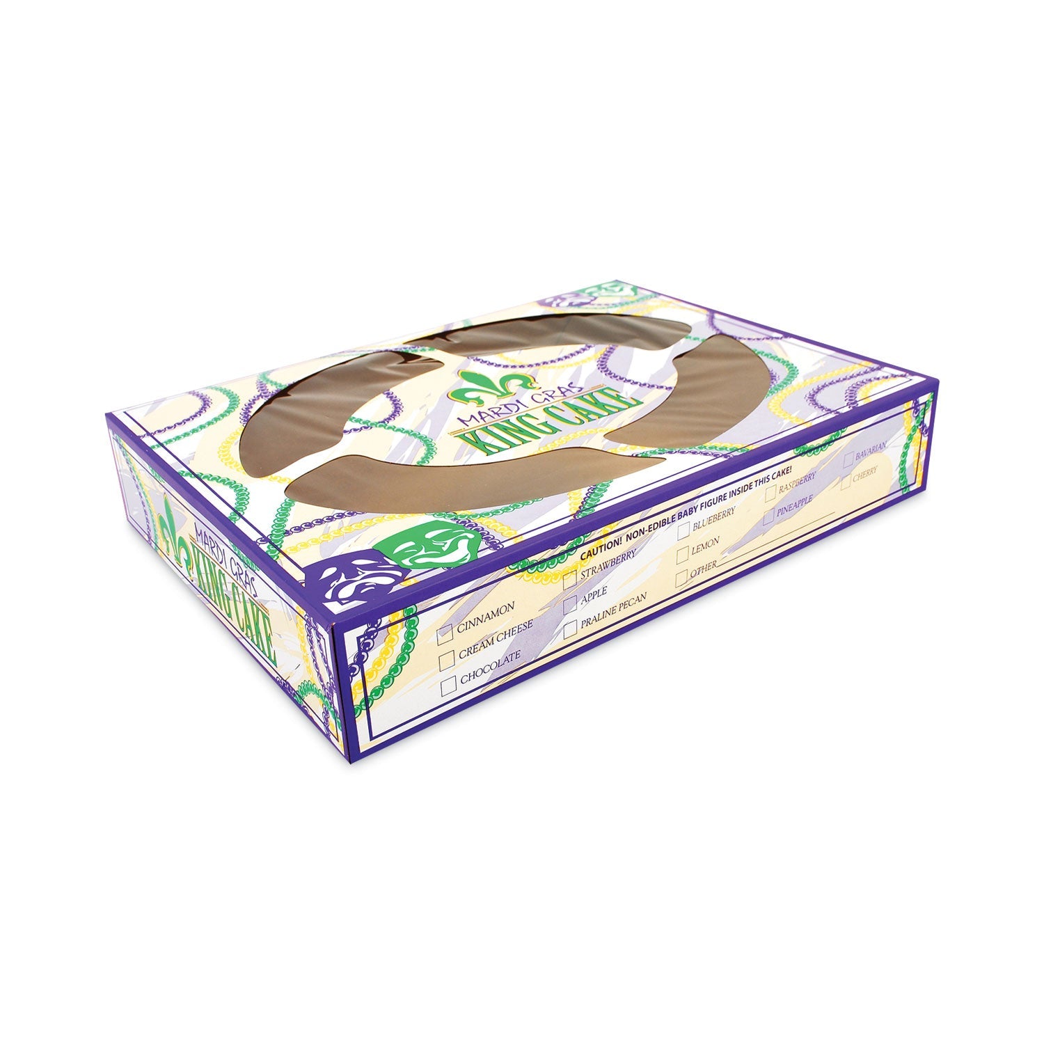 SCT® Mardi Gras King Cake Window Boxes, 19 x 14 x 3.5, Green/Purple/White, Paper, 50/Carton - Bloom Skins