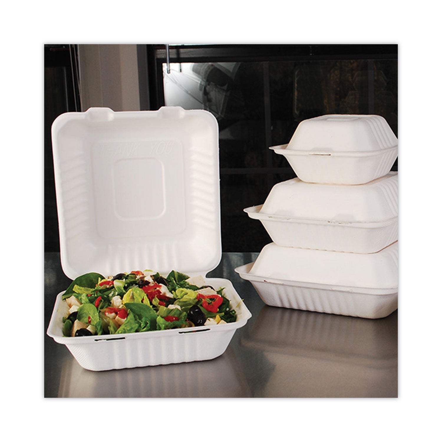 SCT® ChampWare Molded-Fiber Clamshell Containers, 8 x 8, White, Sugarcane, 200/Carton - Bloom Skins