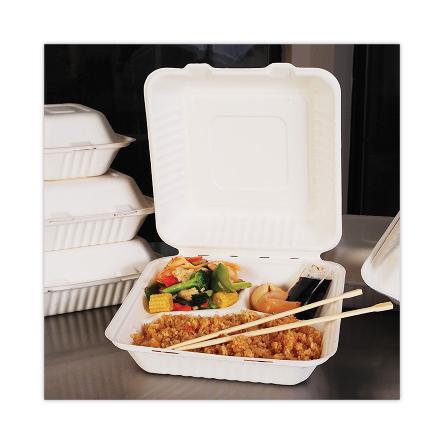 SCT® ChampWare Molded-Fiber Clamshell Containers, 8 x 8, White, Sugarcane, 200/Carton - Bloom Skins