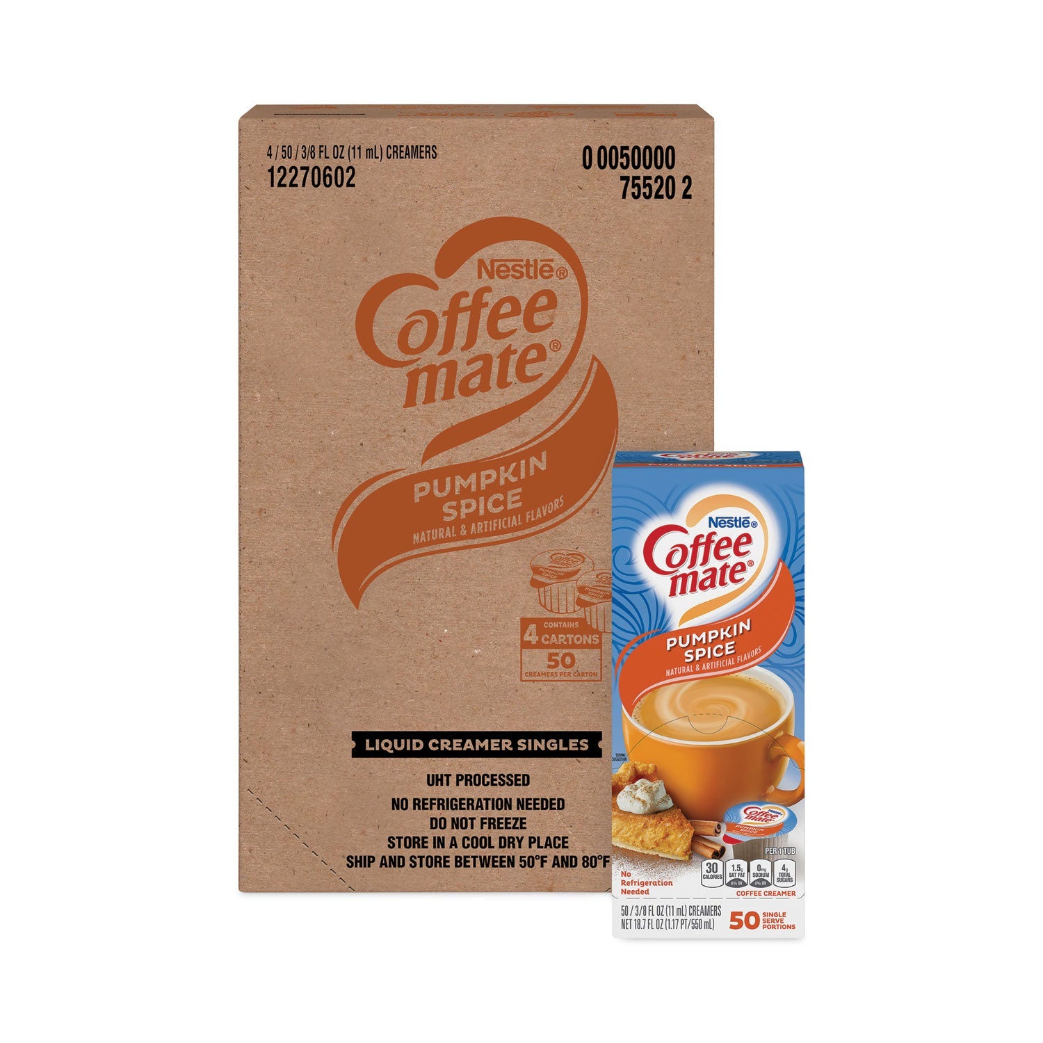 Coffee mate® Liquid Coffee Creamer, Pumpkin Spice, 0.38 oz Mini Cups, 50/Box, 4 Boxes/Carton