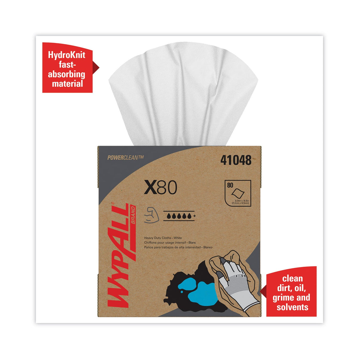 WypAll® X80 Cloths, HYDROKNIT, POP-UP Box, 8.34 x 16.8, White, 80/Box, 5 Boxes/Carton