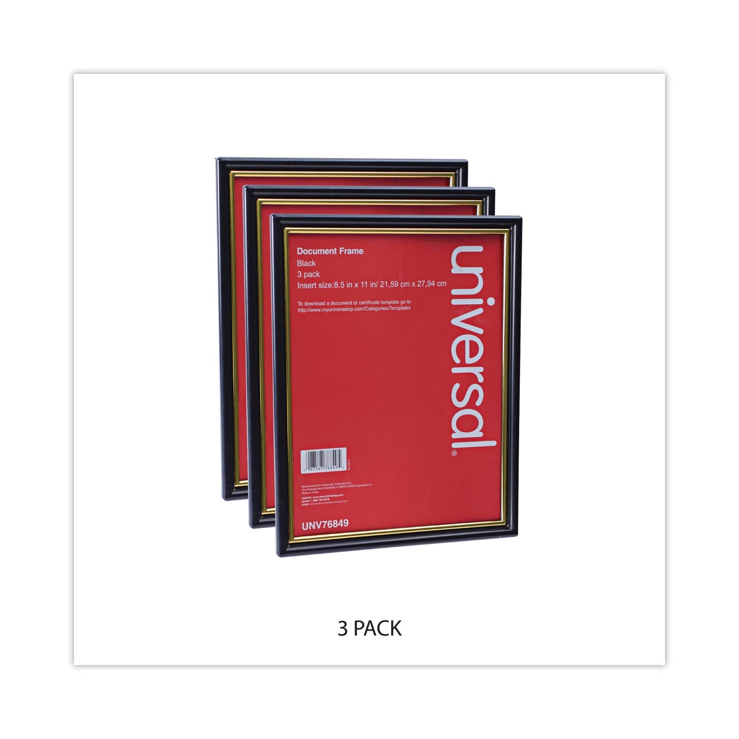 Universal® All Purpose Document Frame, 8.5 X 11 Insert, Black/gold, 3/pack